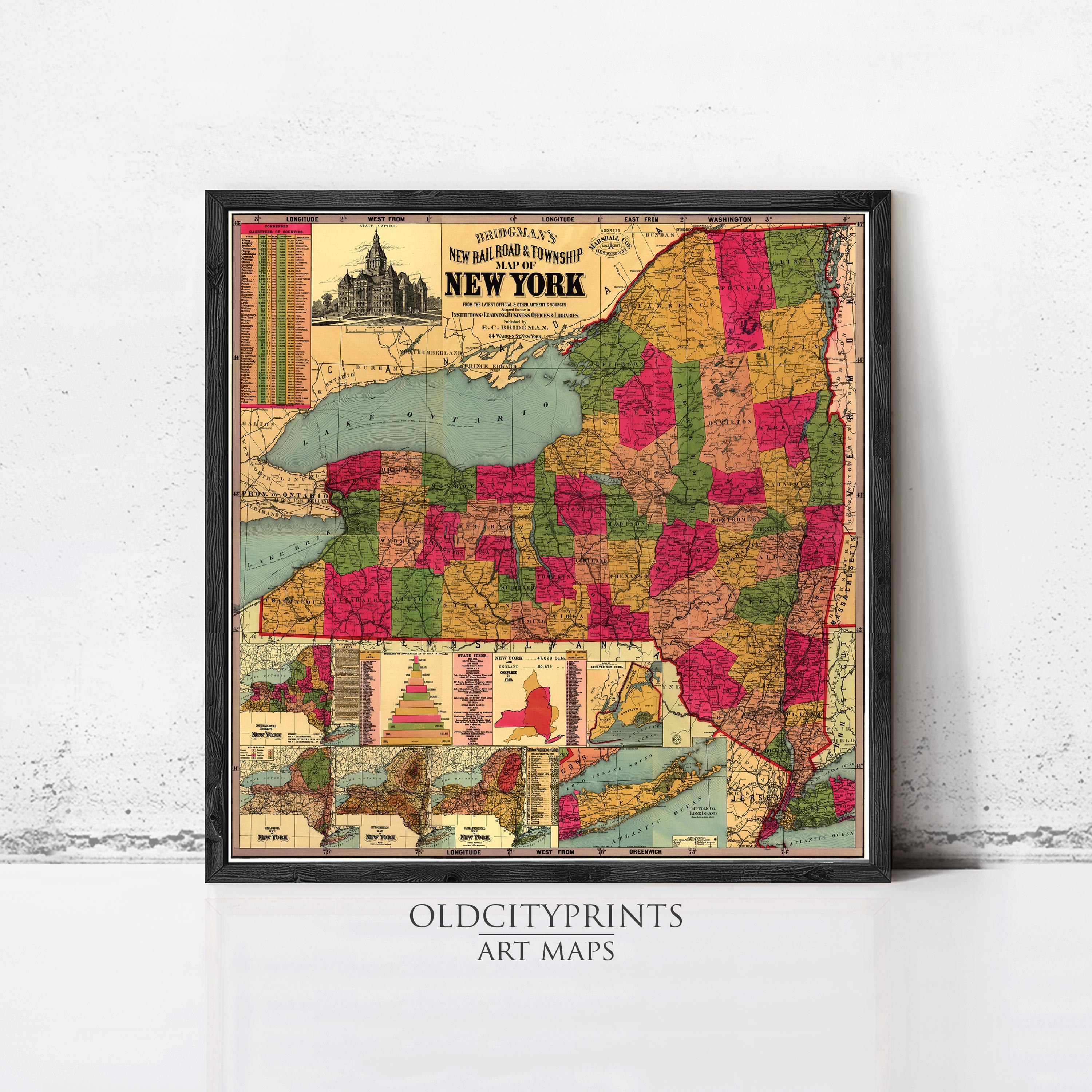 The image is a framed vintage map of New York, depicting the state in a colorful and detailed manner.