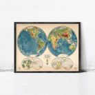 The image is a framed vintage map of the world, depicting the continents and oceans in a detailed and colorful manner.