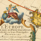 The image is a detailed map of Europe, featuring a central figure holding a trumpet and surrounded by clouds and a banner. The map includes various locations and landmarks, such as the capital of France, the country of Germany, and the country of Italy. The text on the map is in French and provides information about the different regions and their capitals.