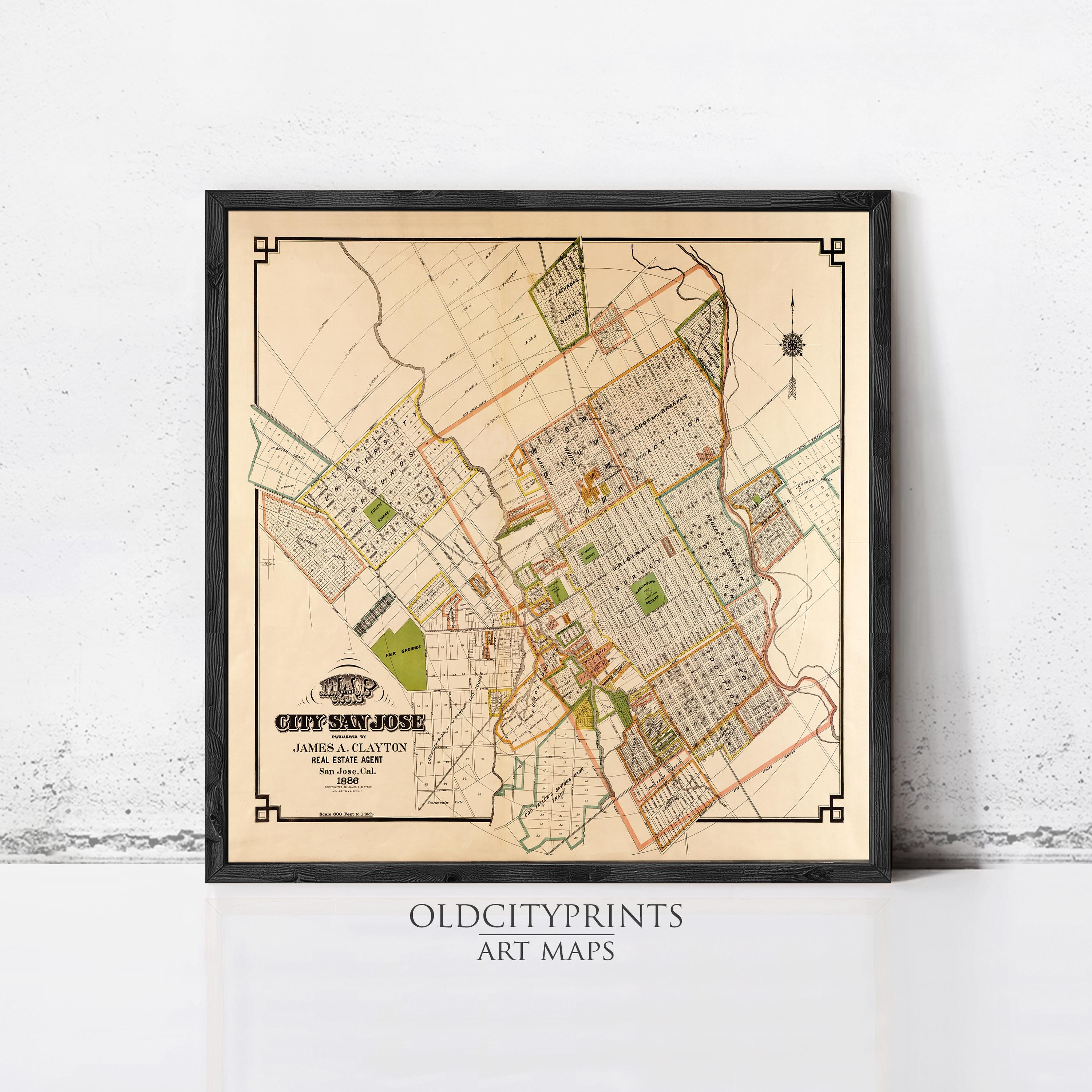 The image is a framed vintage map of San Jose, California, depicting the city's layout and surrounding areas.