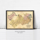 The image is a framed vintage map of the New York City area, depicting the city's streets and neighborhoods.