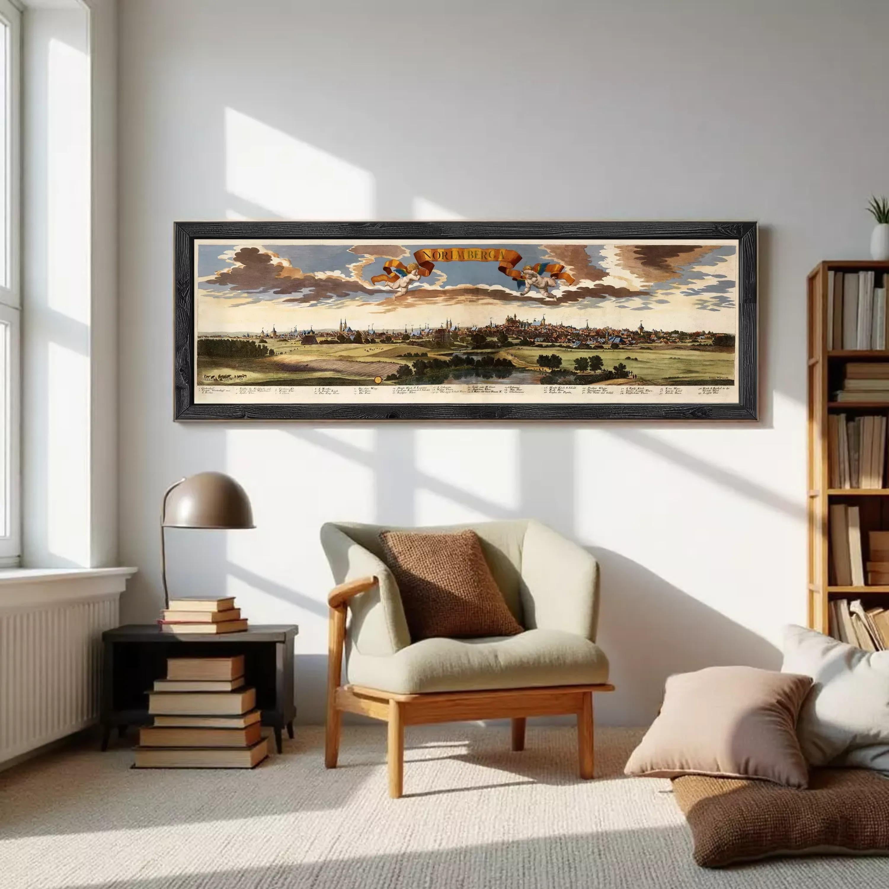 A framed painting depicting a cityscape with a cloudy sky in the background.