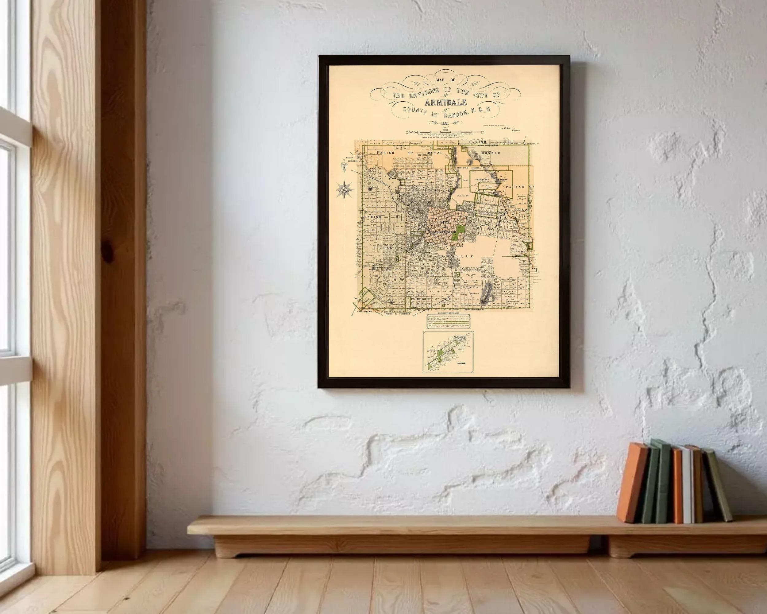 The image is a framed map of the city of Armdale, showing the layout of the city and surrounding areas.
