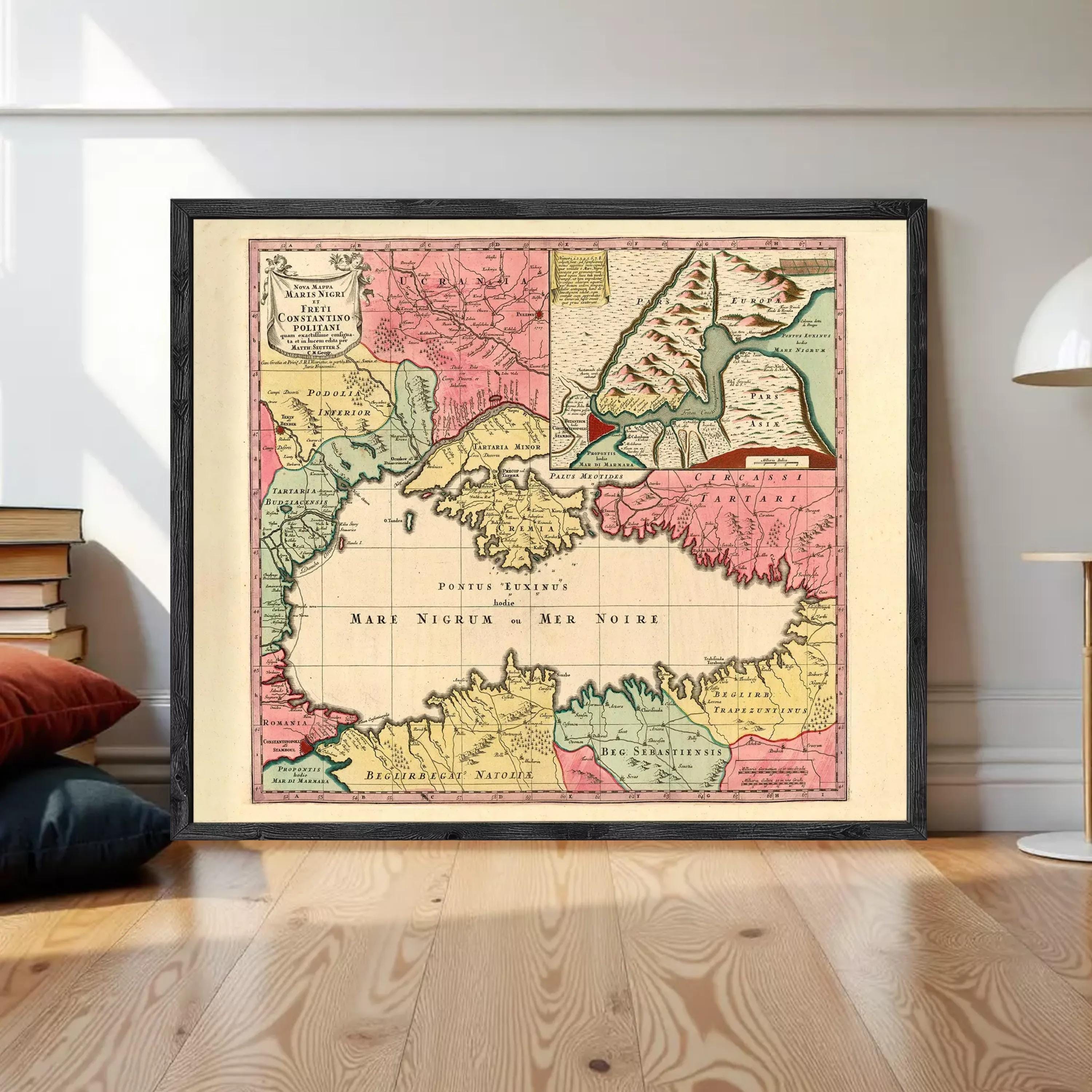 The image is a framed vintage map of the Mediterranean region, depicting various countries and geographical features.