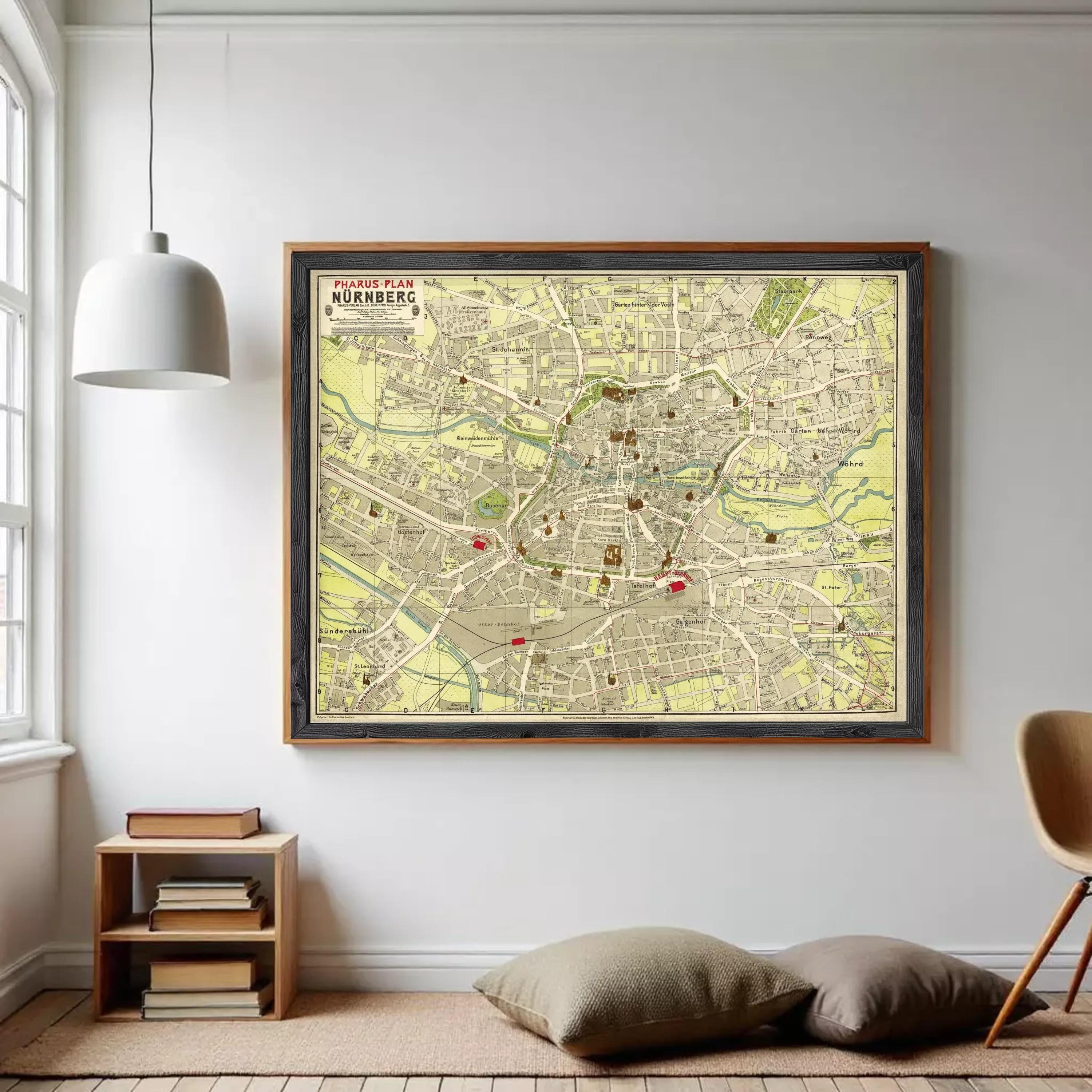 The image is a framed vintage map of Nuremberg, Germany, depicting the city's streets, landmarks, and surrounding areas.