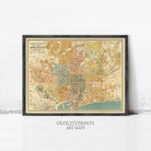 The image is a framed vintage map of Barcelona, Spain, depicting the city's streets and landmarks.