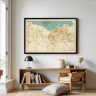 A framed vintage map of Tarrytown, New York, depicting the town's layout and surrounding areas.