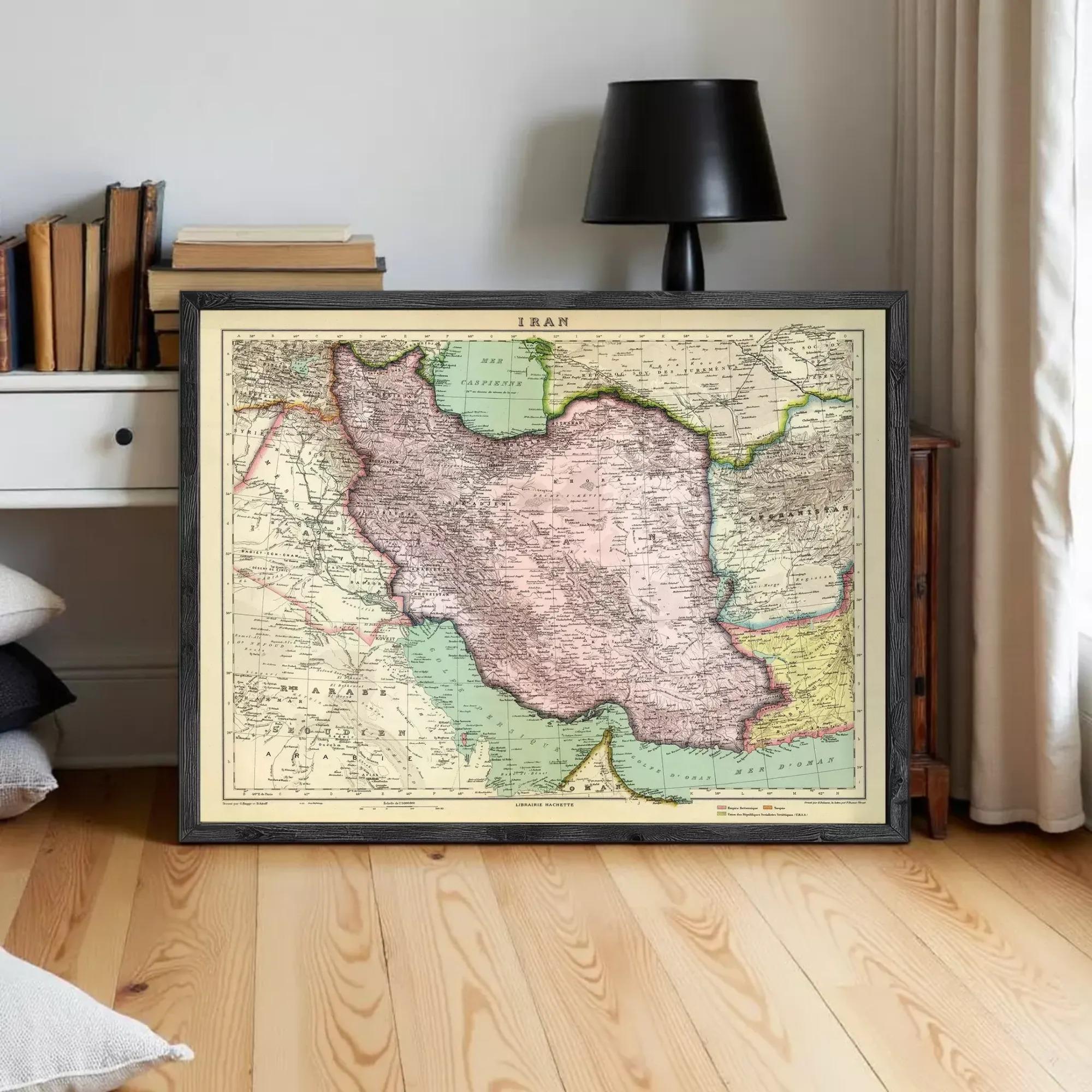 The image is a framed vintage map of Iran, depicting the country's geographical layout and surrounding areas.