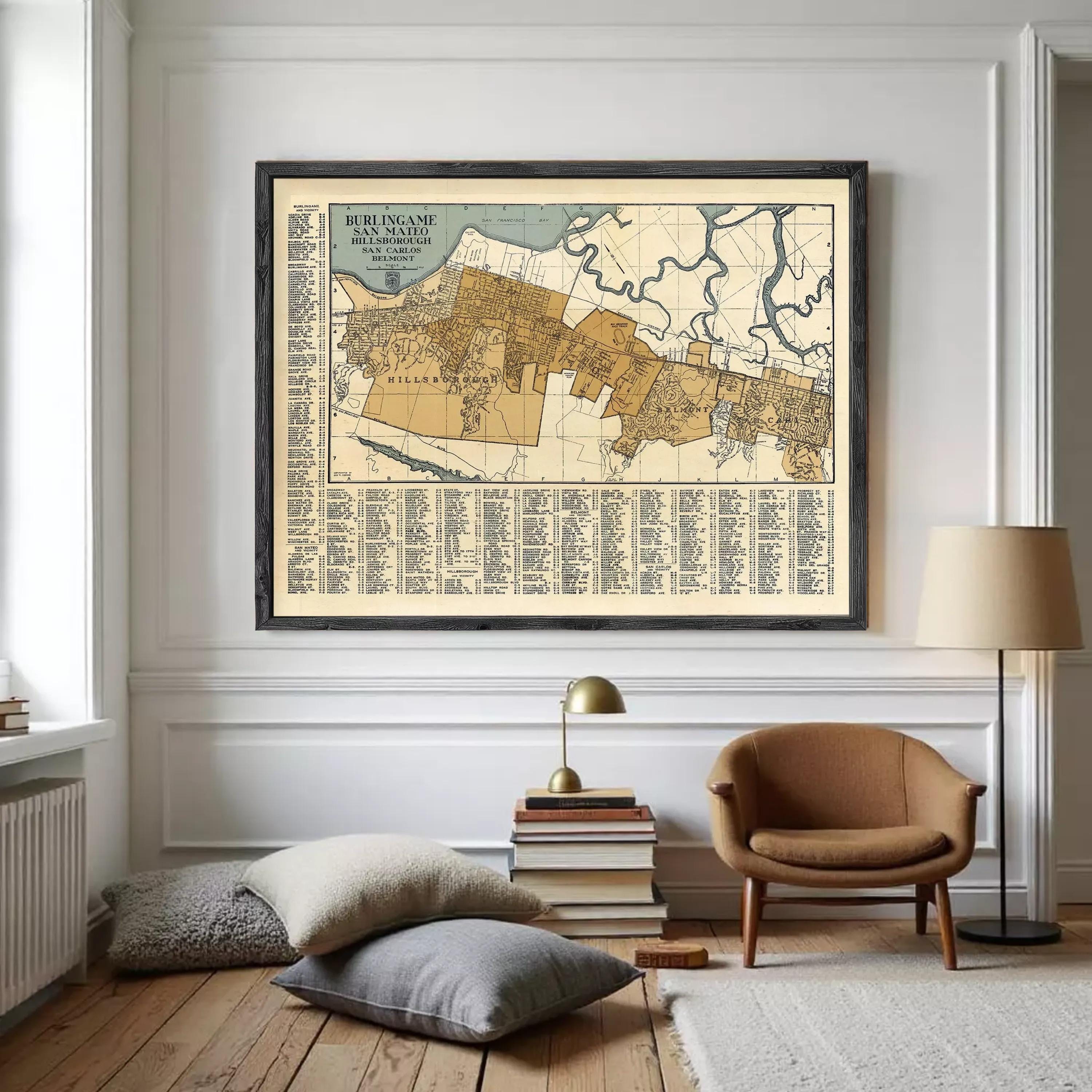 The image is a framed vintage map of Burigame, San Mateo, and Hillsborough Counties, California.