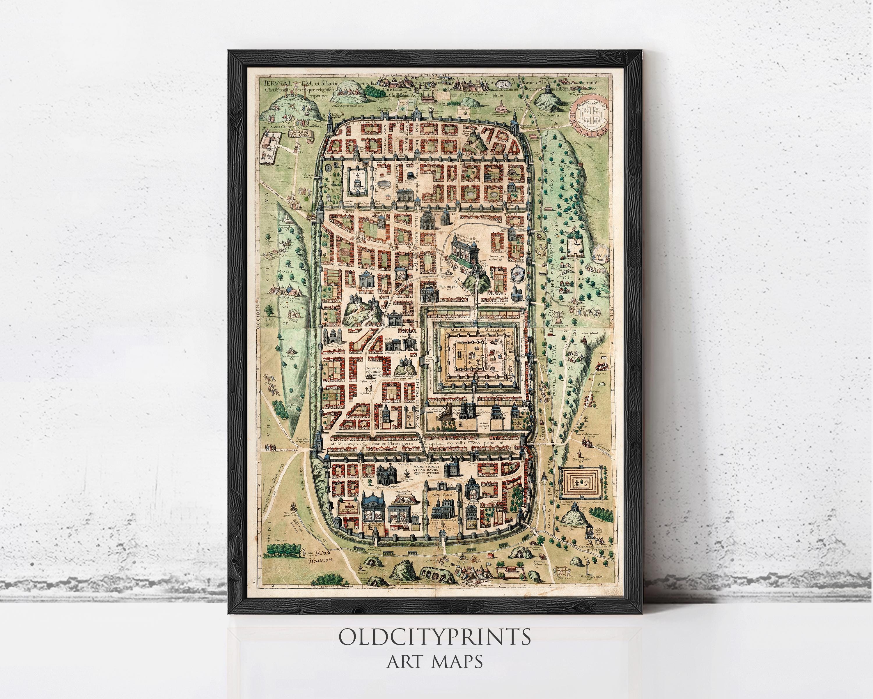 The image is a framed art print depicting a detailed map of an old city, likely from the Middle Ages.