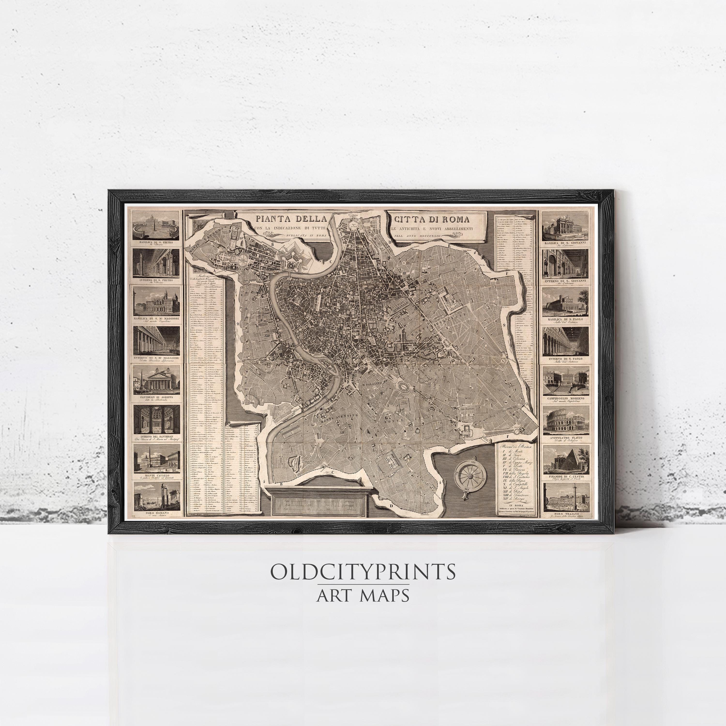 The image is a framed vintage map of Rome, Italy, depicting the city's layout and landmarks.