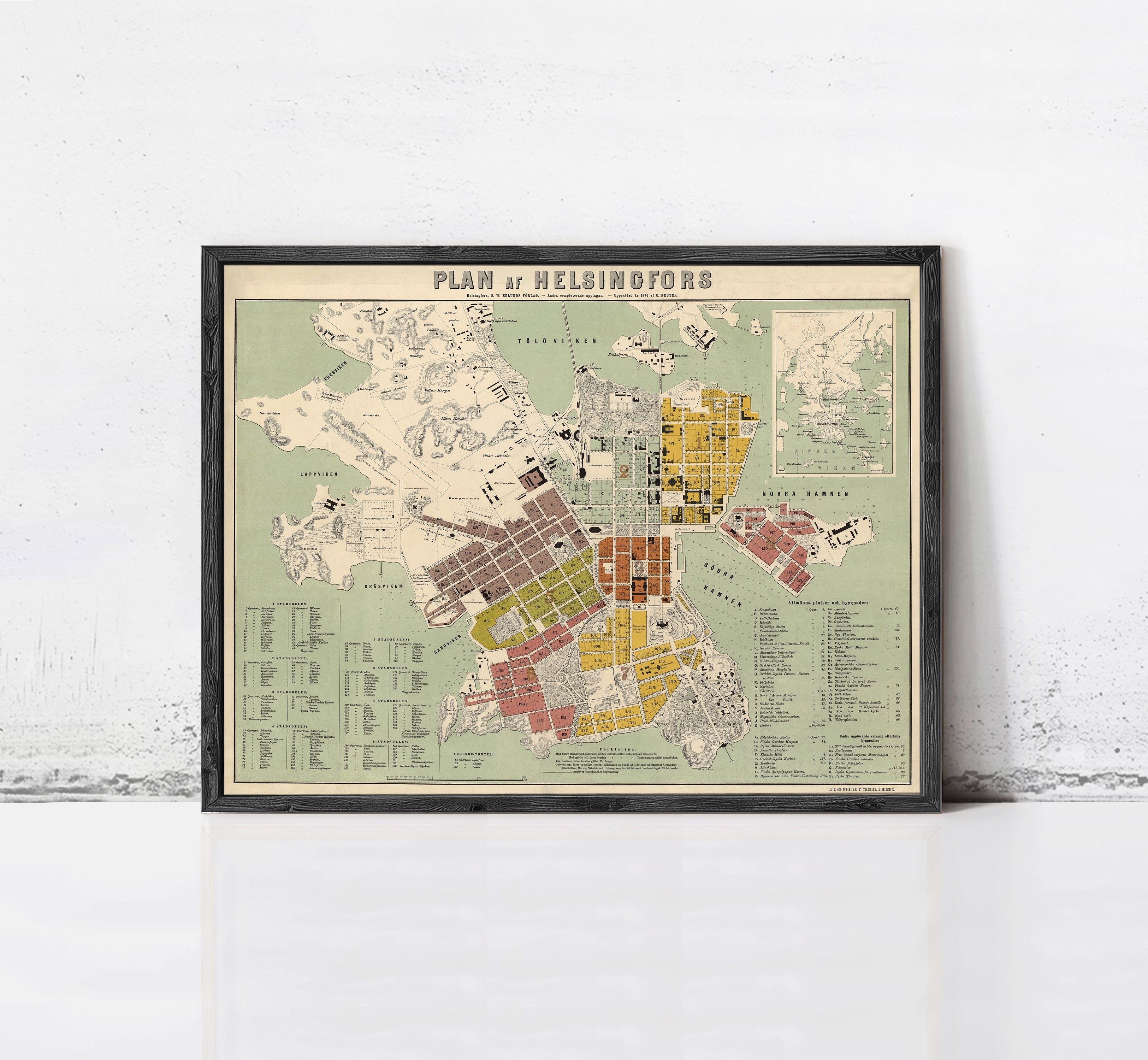 The image is a framed map of Helsinki, Finland, depicting the city's layout and surrounding areas.