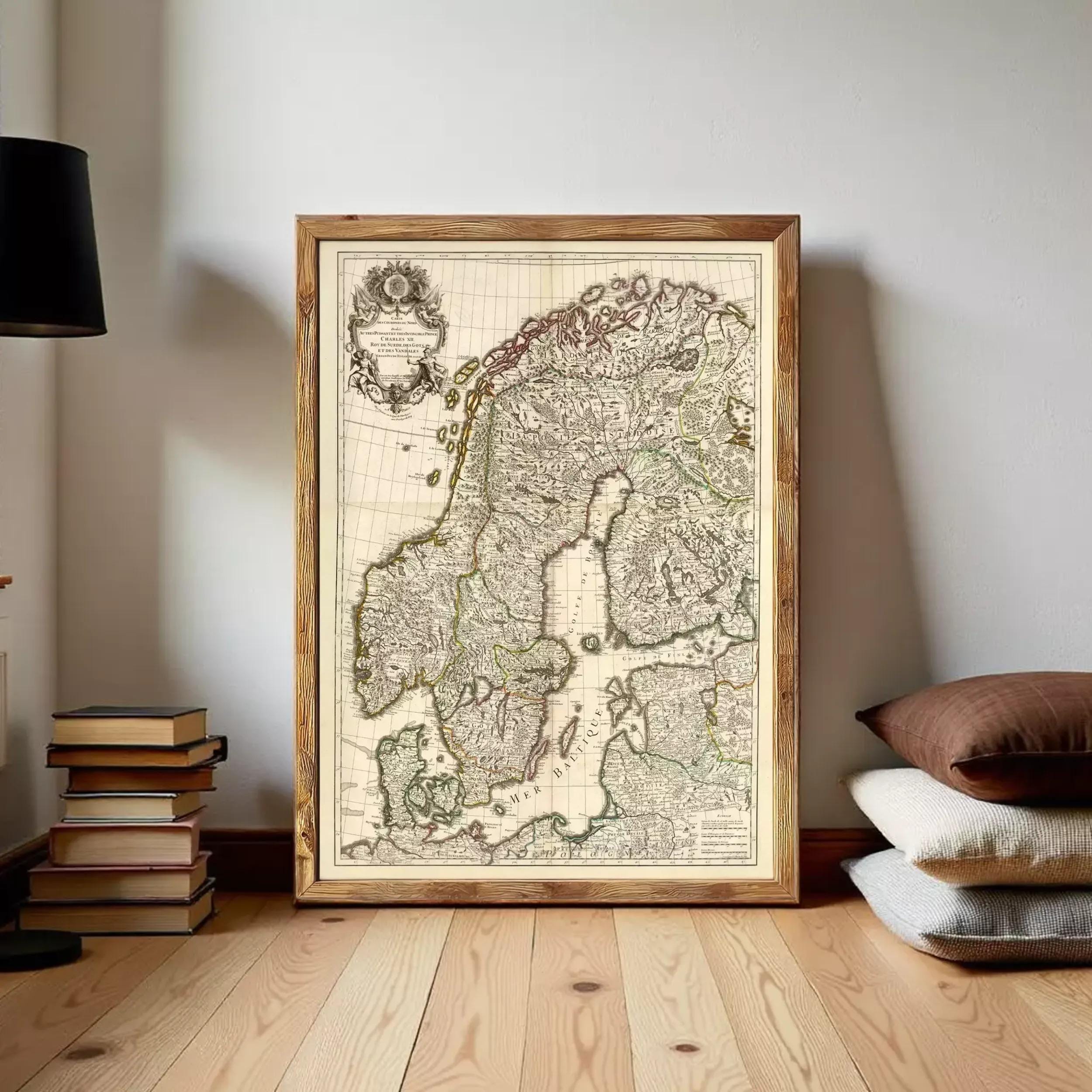 The image is a framed map of Europe, likely from the 17th century, with intricate details and a vintage appearance.