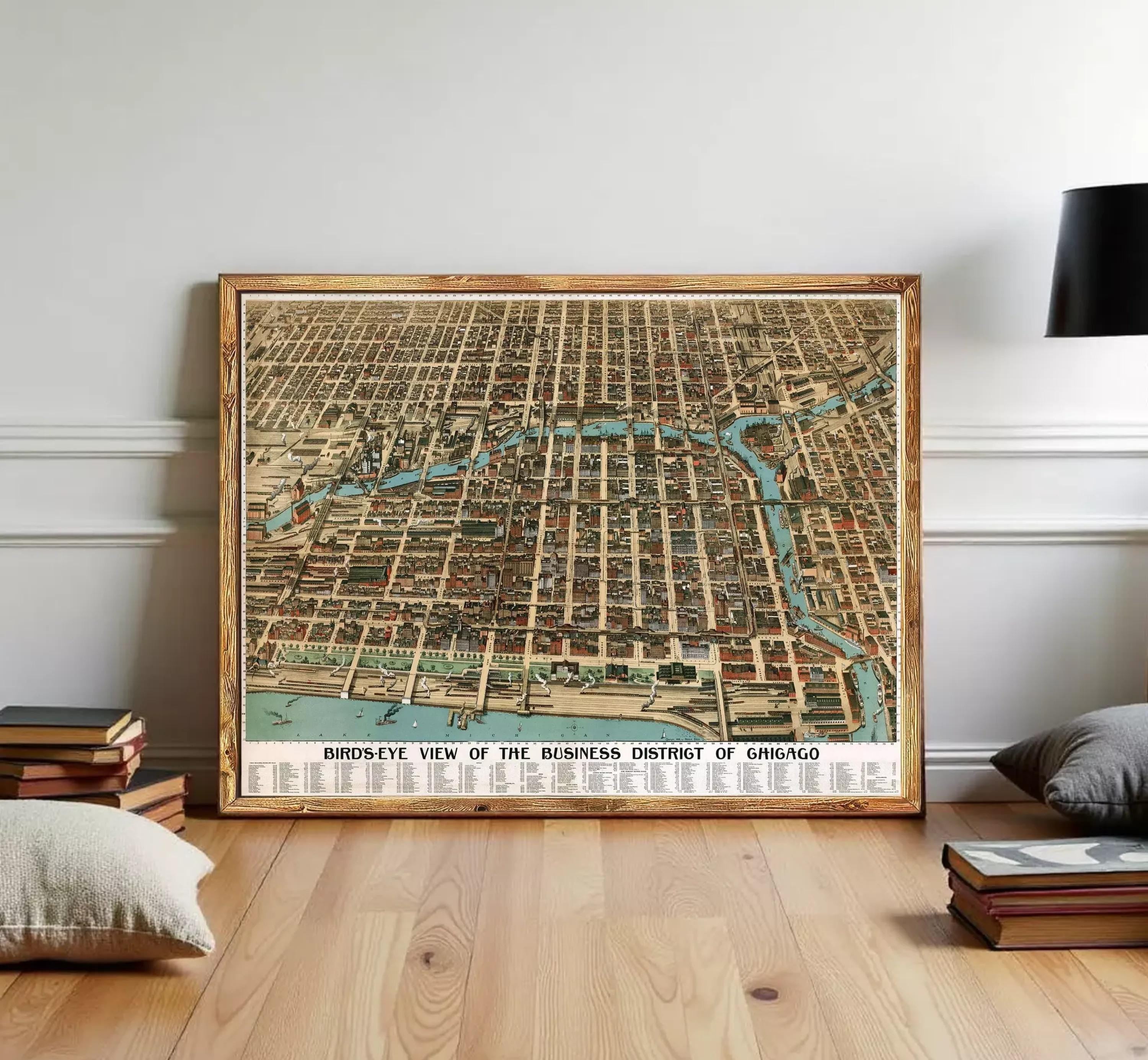 The image is a framed map of the business district of Chicago, Illinois, USA.