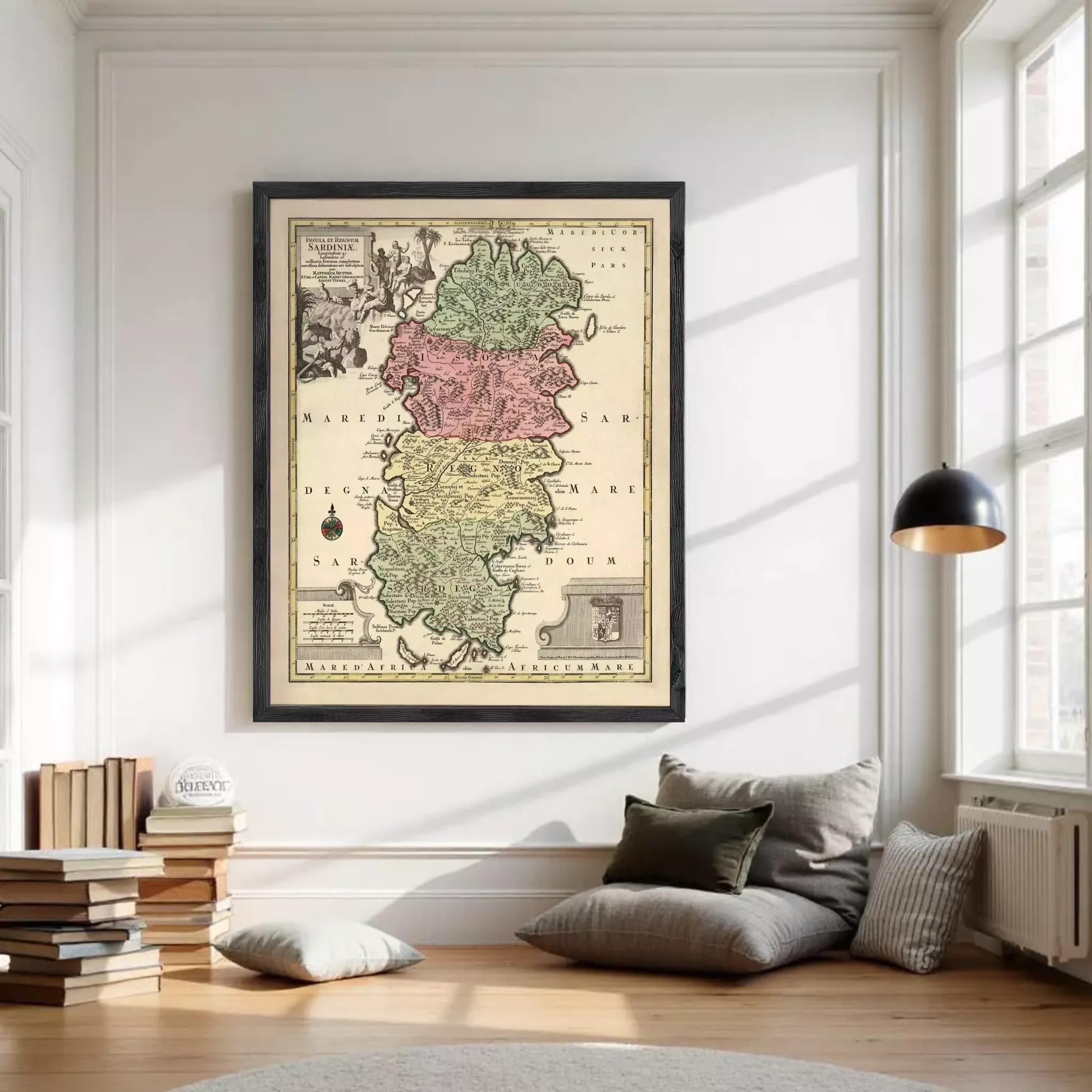 The image is a framed vintage map of Sardinia, Italy, depicting the island's geographical layout and surrounding areas.