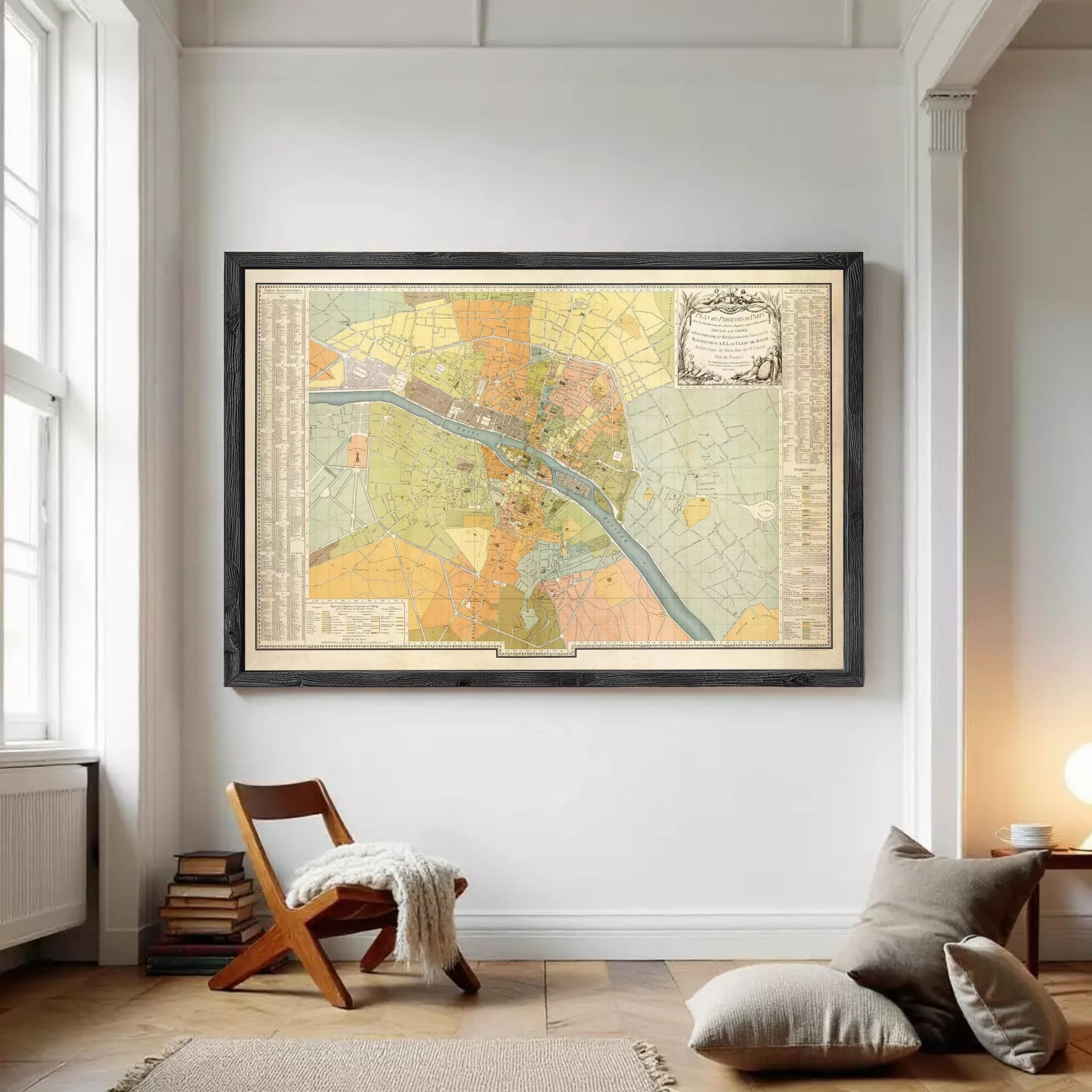 The image is a framed vintage map of a city, likely Paris, with various colored sections representing different areas within the city.