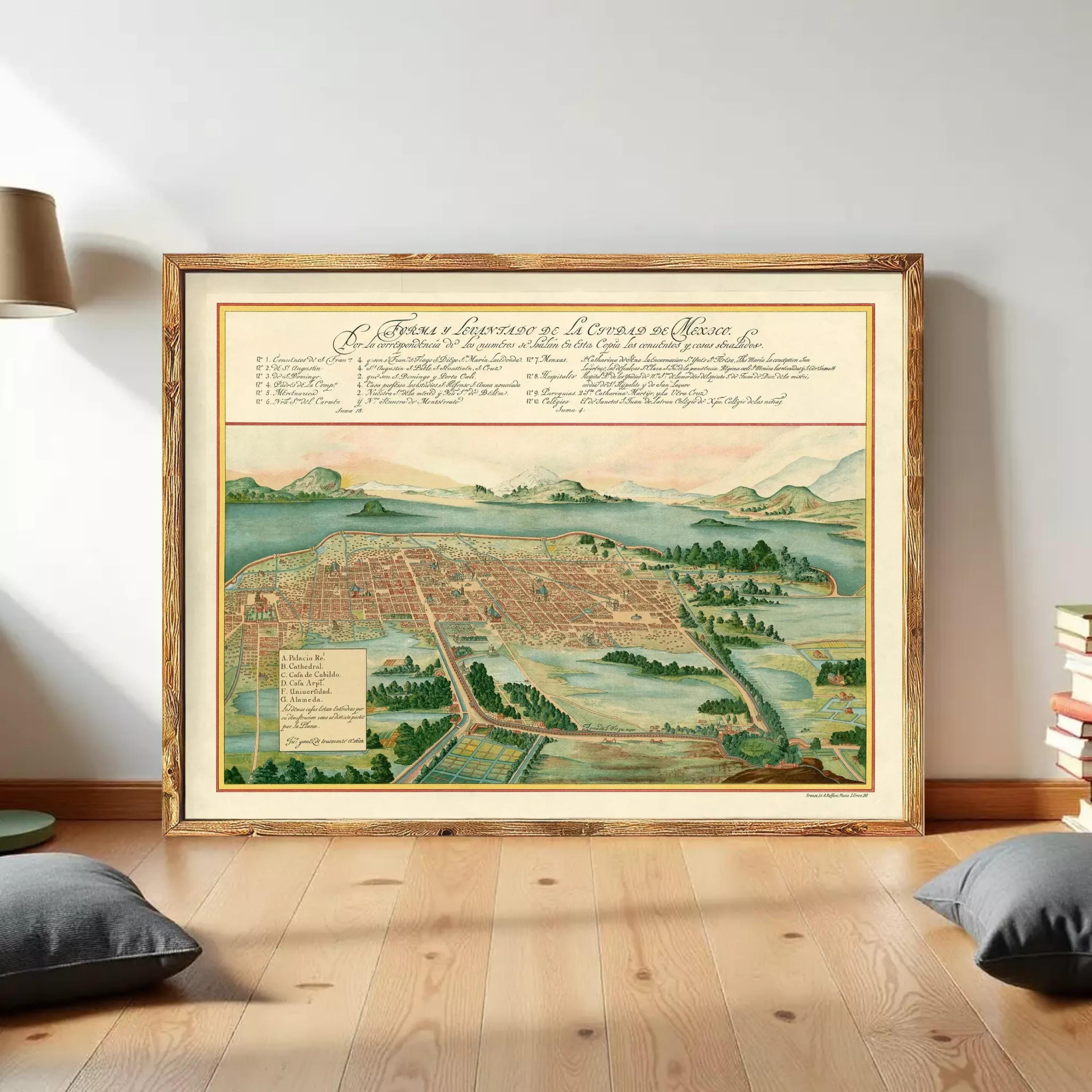 The image is a framed historical map of Mexico, depicting a city and surrounding landscape.