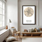 The image is a framed print of a map of Rennes, France, with the name "Rennes" and the location "48.06.07 1.40°W" printed below the map.
