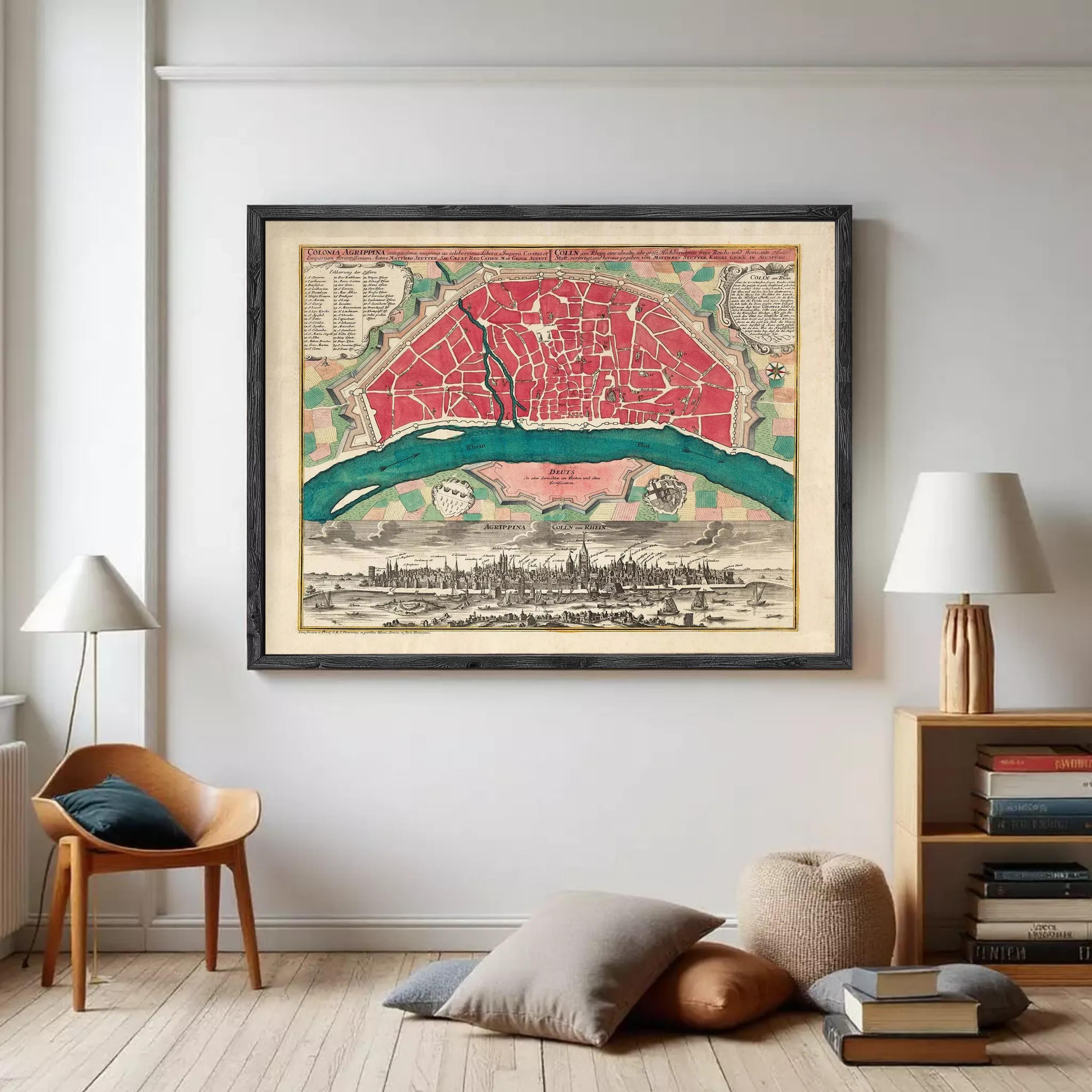 The image is a framed vintage map of a city, depicting a detailed layout of the city's streets, landmarks, and surrounding areas.