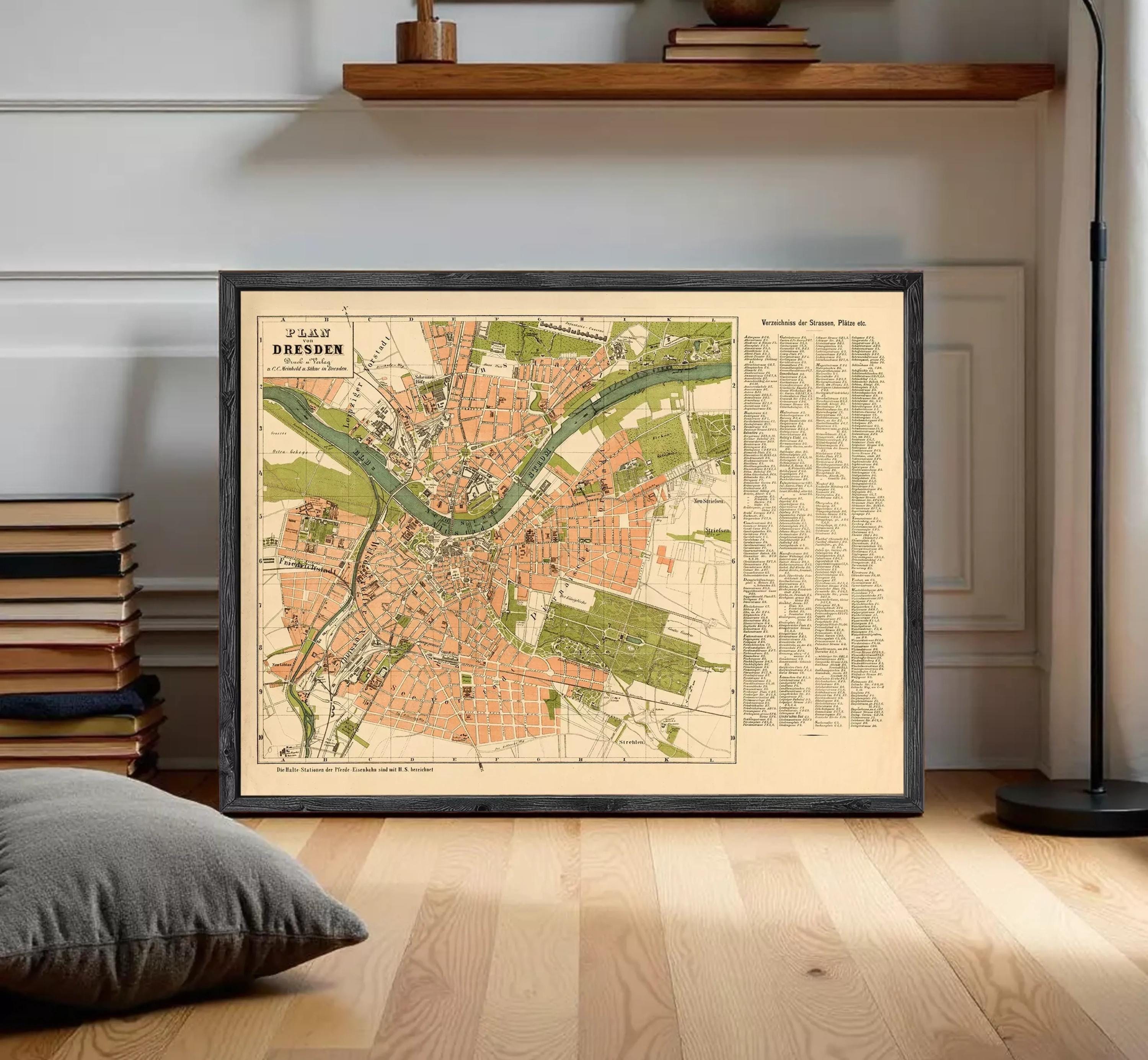 The image is a framed map of Dresden, Germany, depicting the city's layout and surrounding areas.