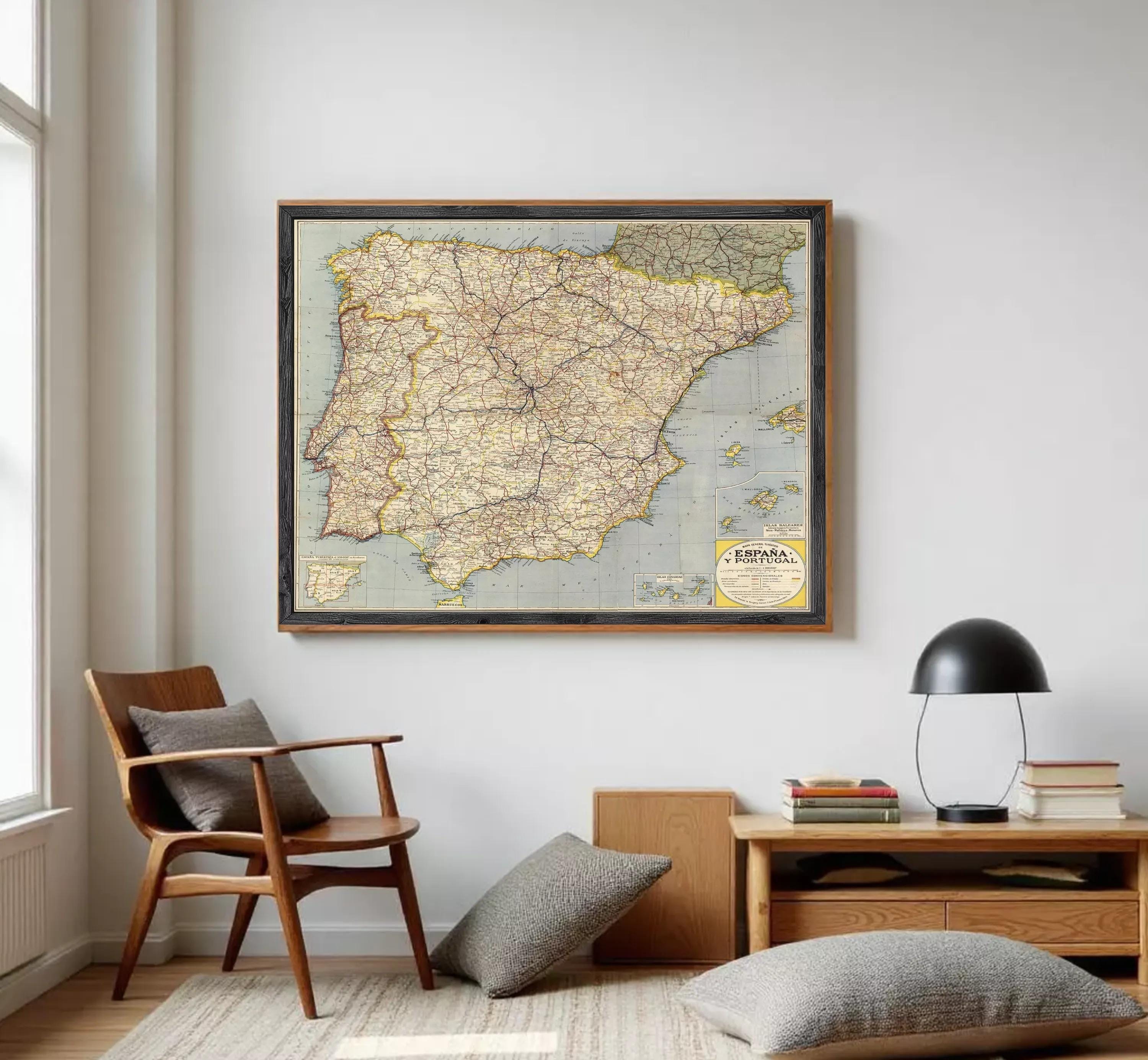 The image is a framed map of Spain, showing the country's geographical layout and major cities.