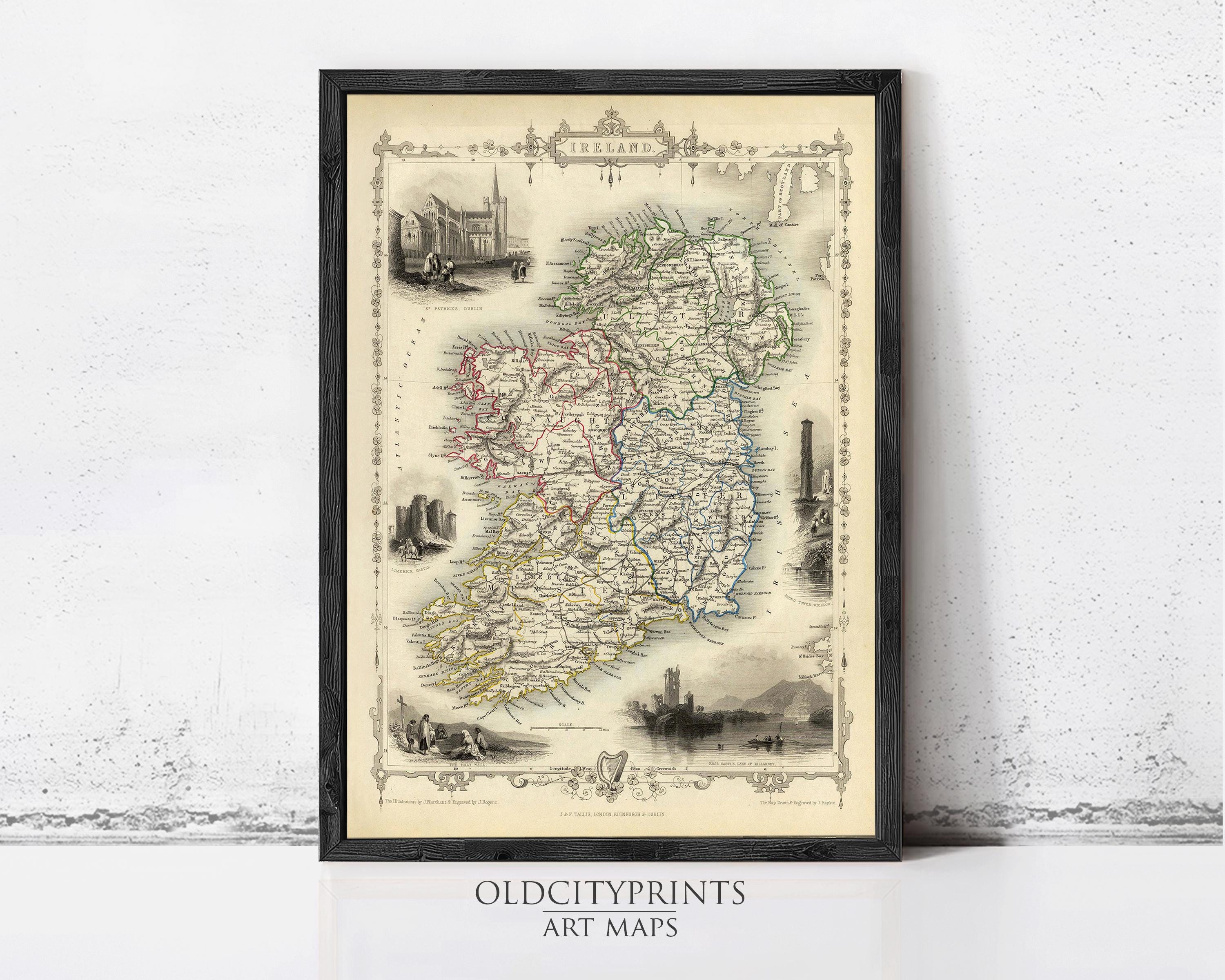 The image is a framed vintage map of Ireland, featuring various landmarks and geographical details.