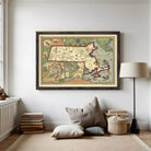 The image is a framed vintage map of the United States, depicting various regions and landmarks across the country.