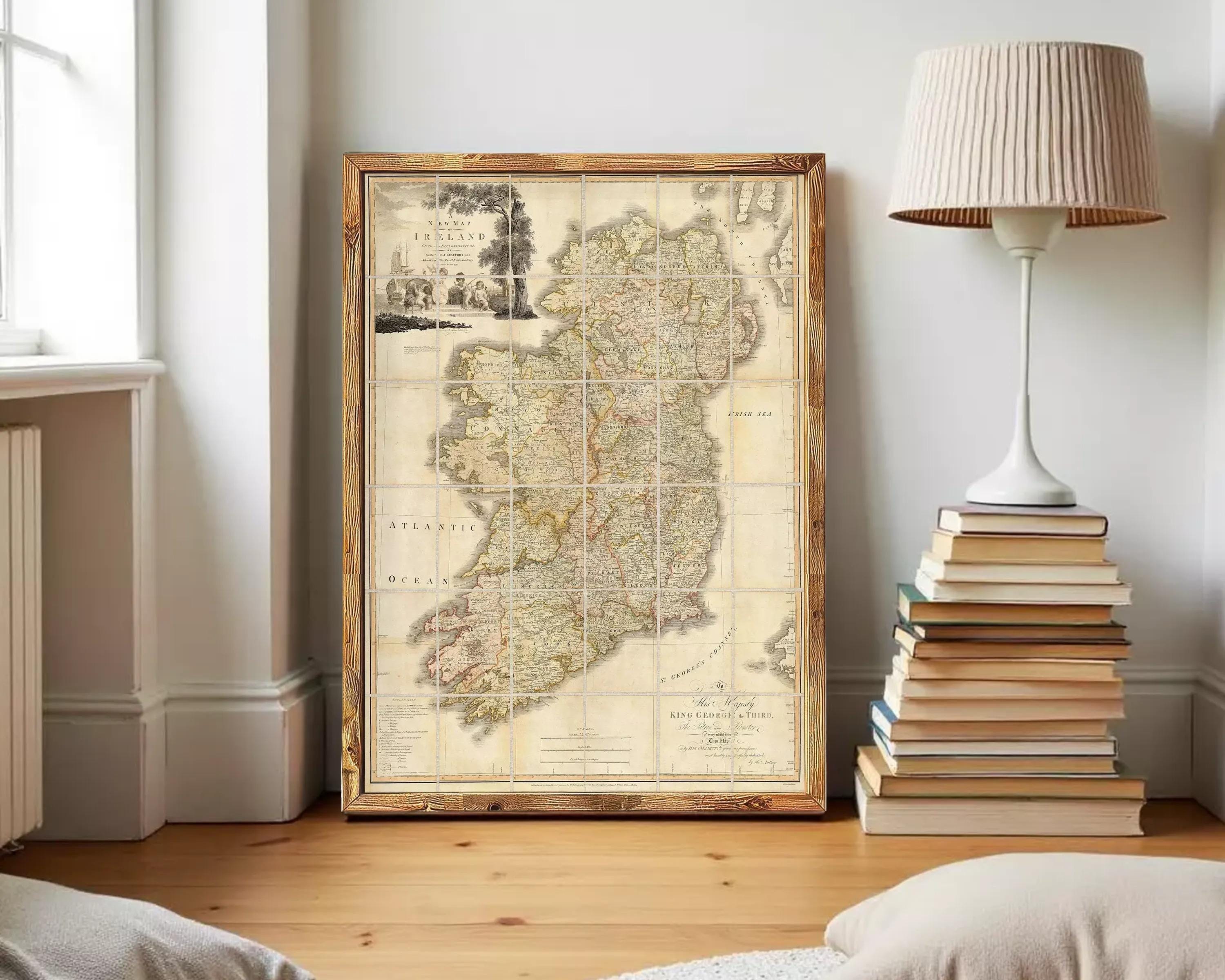 The image is a framed map of Ireland, depicting the country's geographical layout and surrounding areas.