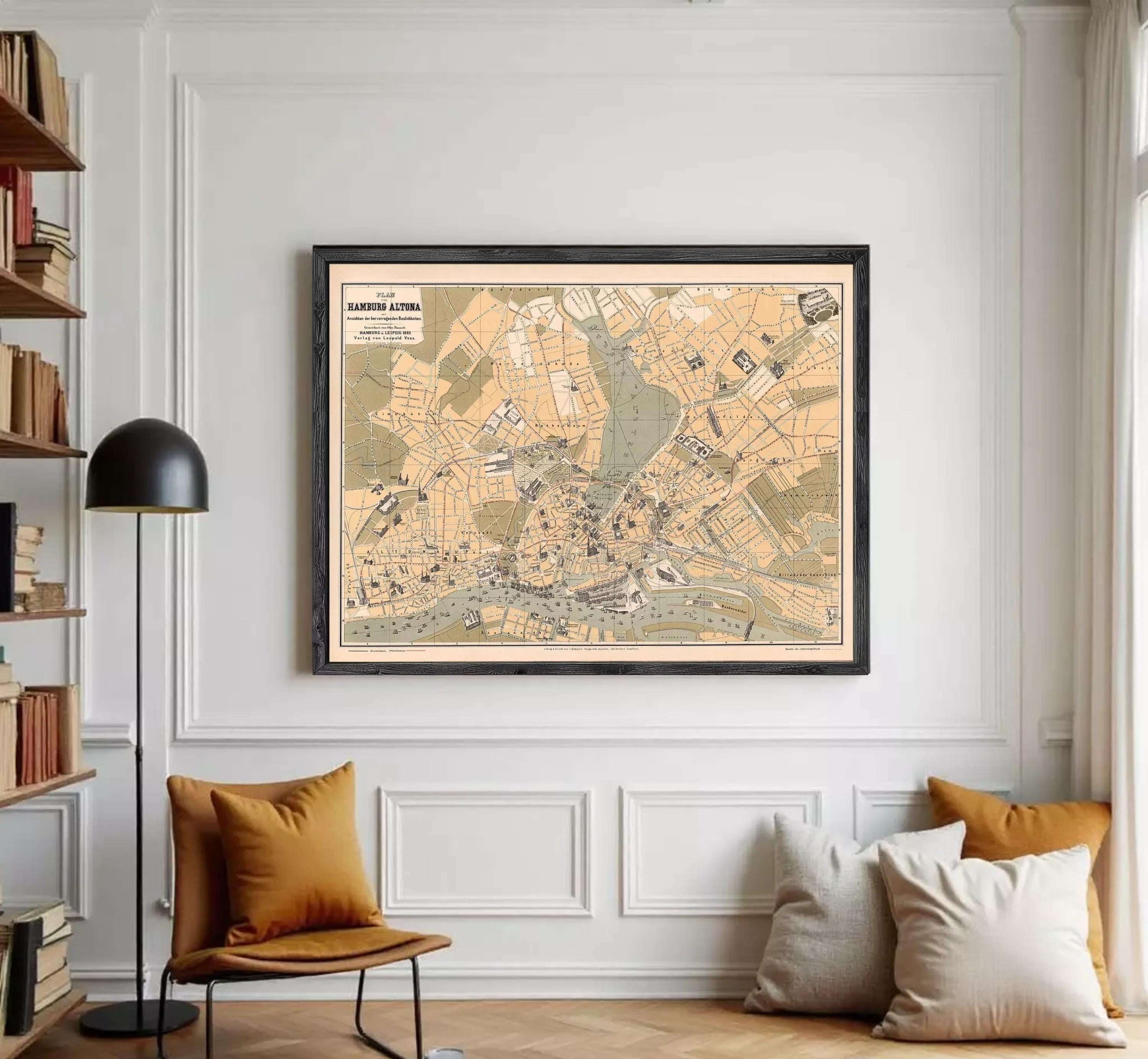 The image is a framed map of a city, likely London, with various streets, landmarks, and other geographical features depicted.
