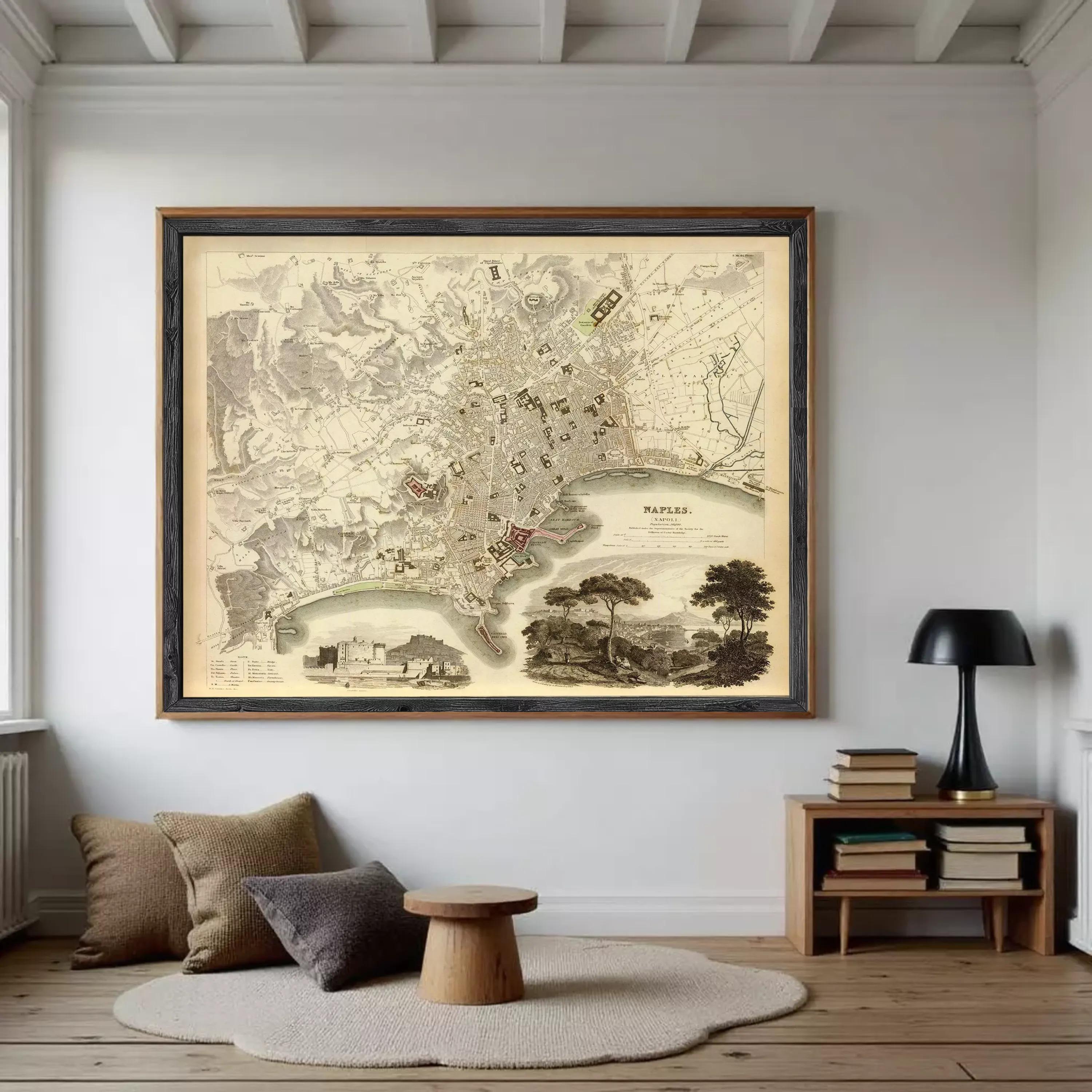 The image is a framed vintage map of Naples, Italy, depicting the city's layout and surrounding areas.