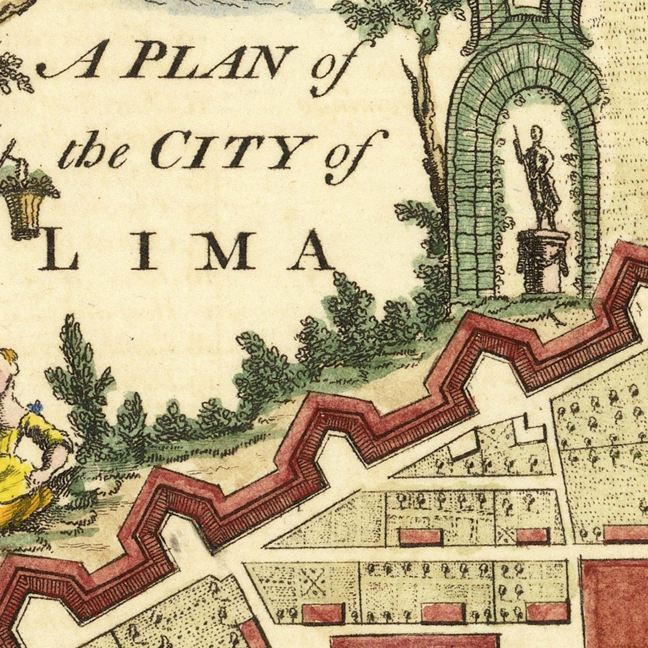 The image is a detailed map of the city of Lima, Peru, featuring a plan of the city and a statue of a man.