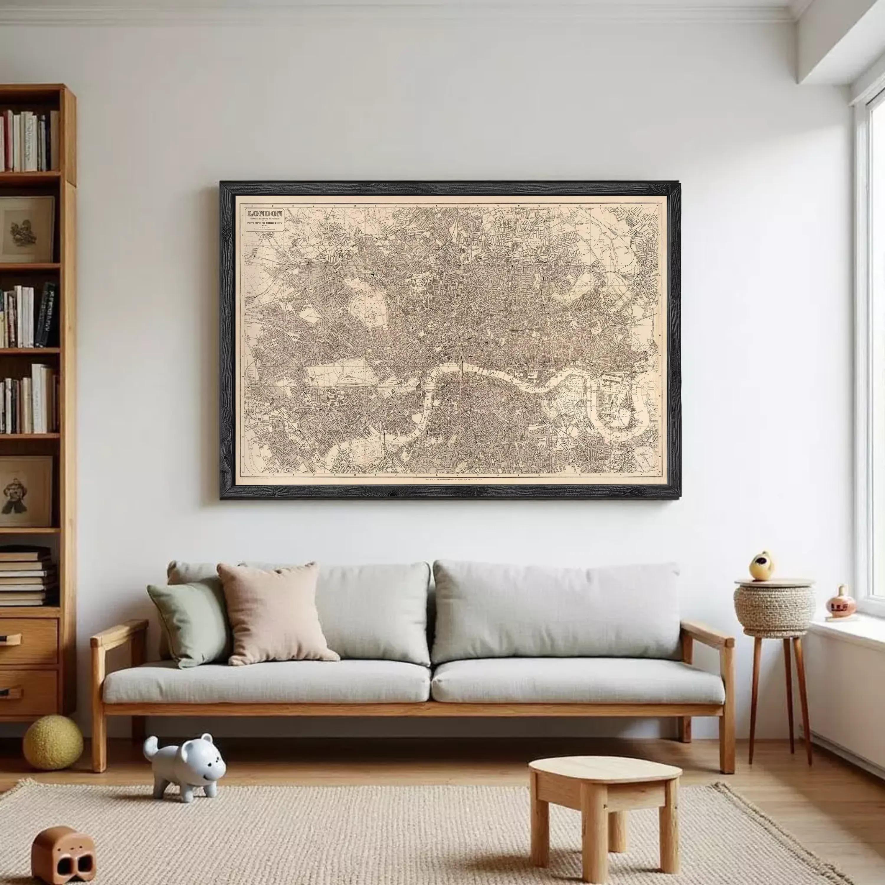 The image is a framed vintage map of London, England, depicting the city's streets and landmarks.