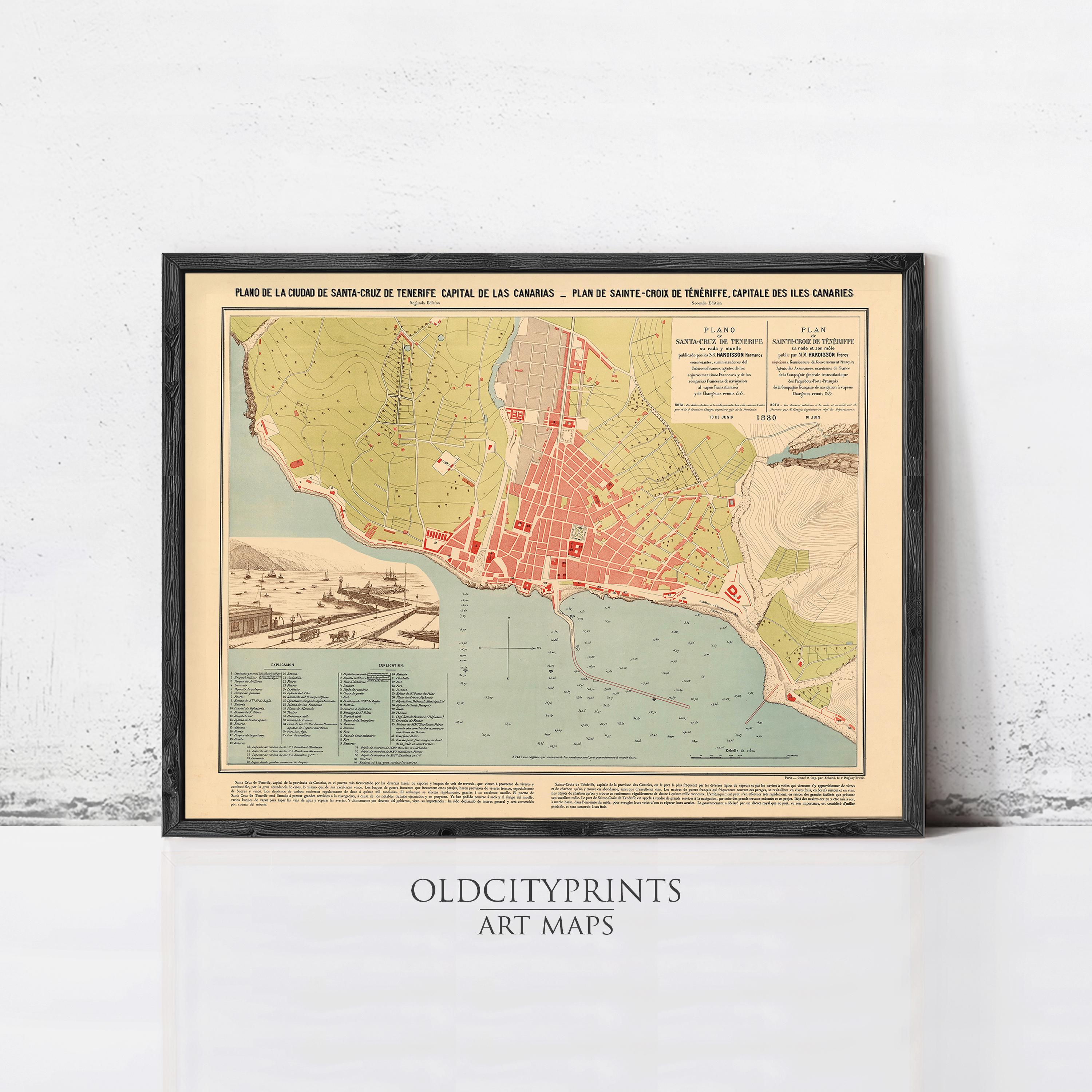 The image is a framed vintage map of a coastal city, likely San Sebastián, Chile, with a focus on the city's coastline and surrounding areas.