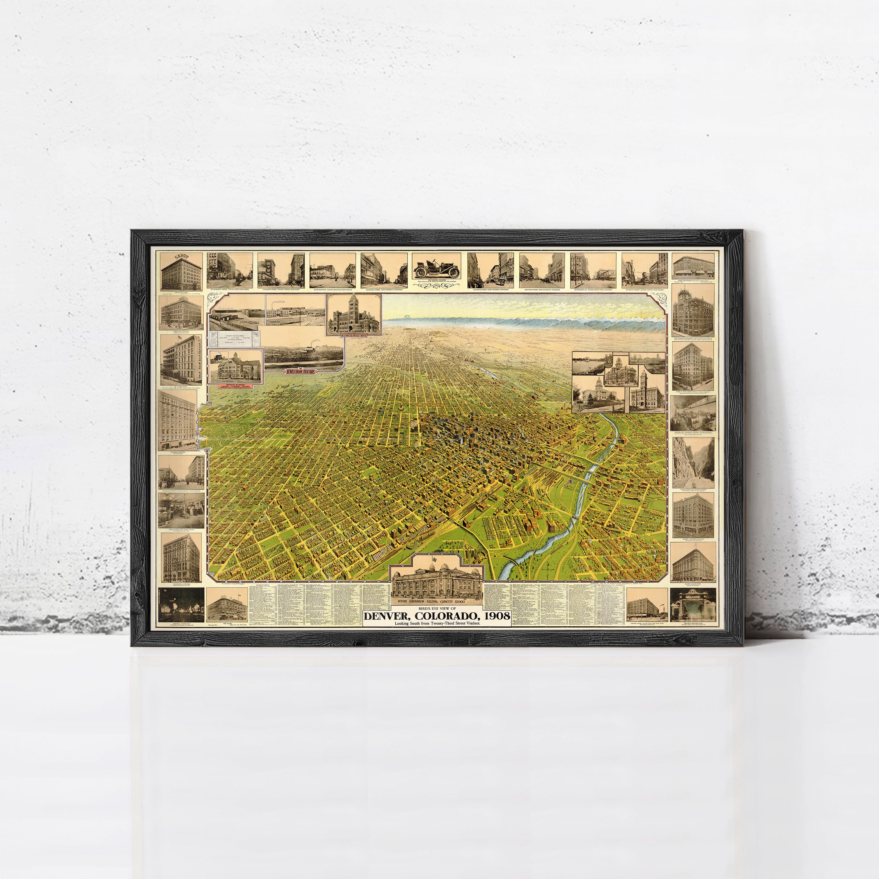 The image is a framed vintage map of Denver, Colorado, from 1958.