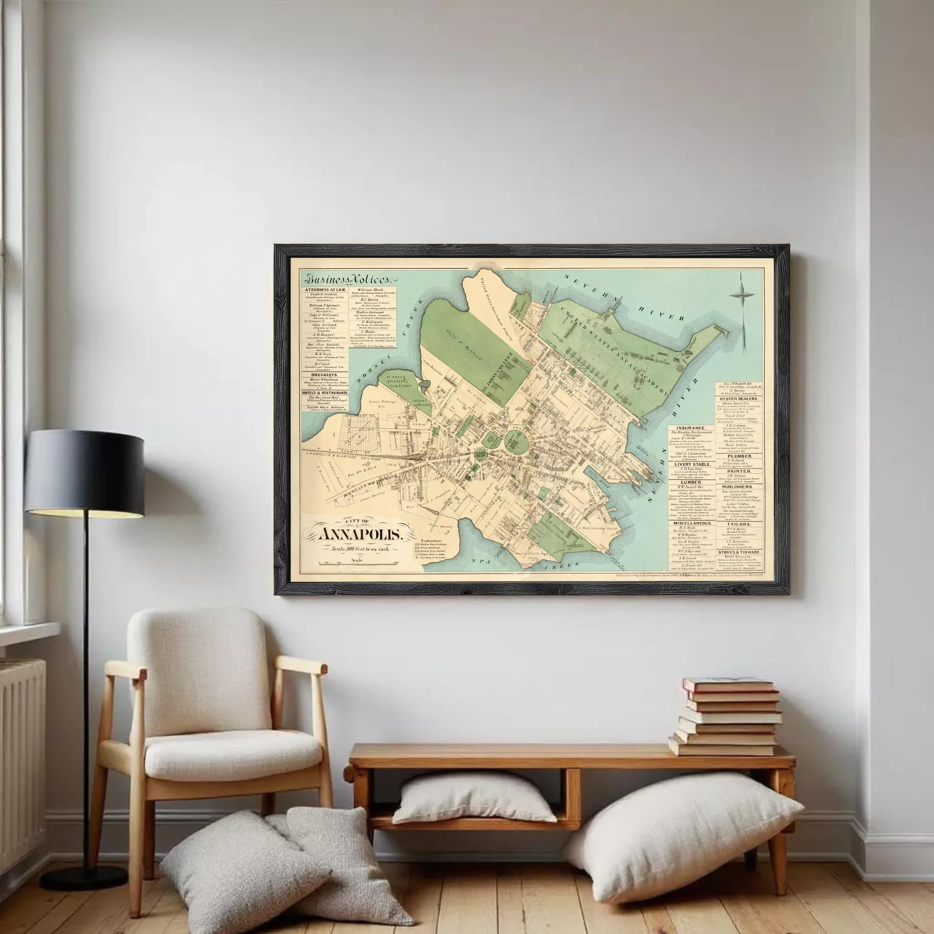 The image is a framed map of Annapolis, Maryland, showing the city's layout and surrounding areas.