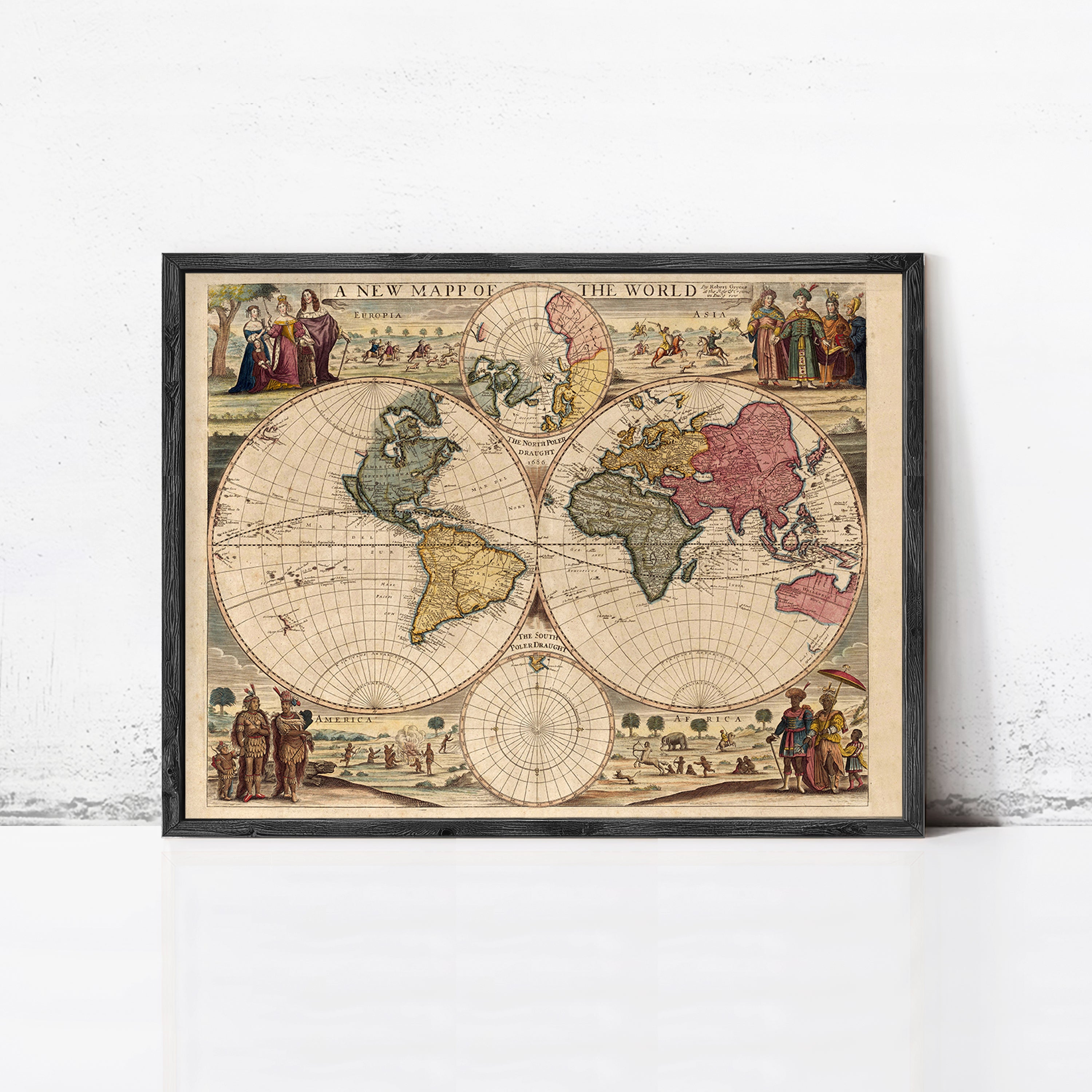 The image is a framed vintage map of the world, depicting a detailed and colorful representation of the continents and oceans.