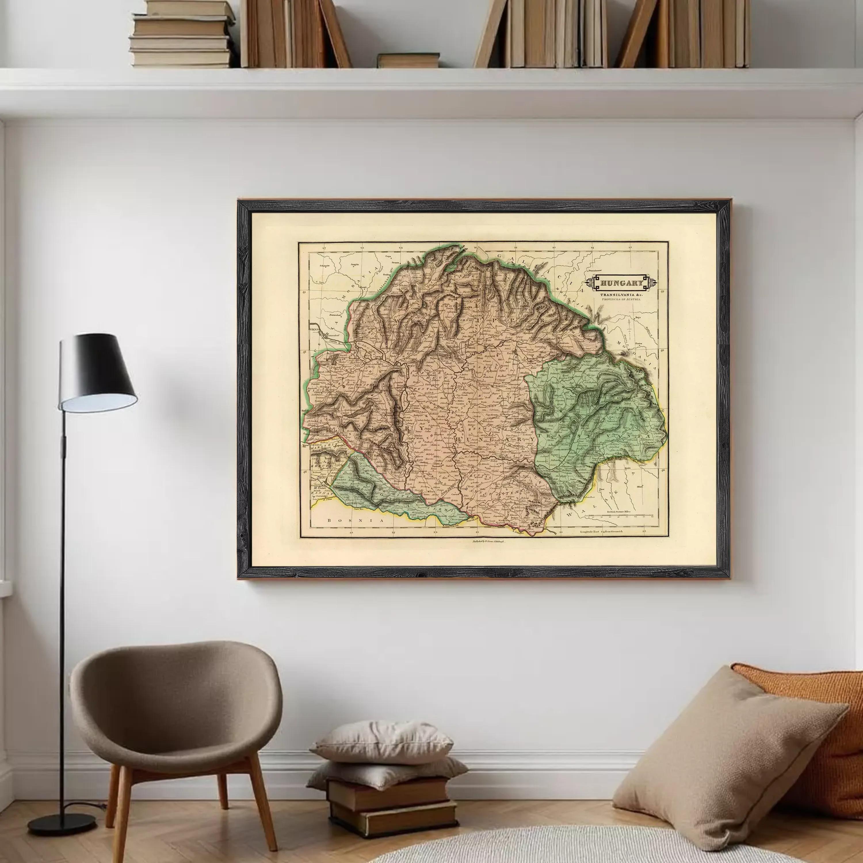 The image is a framed map of Hungary, depicting the country's geographical layout and boundaries.