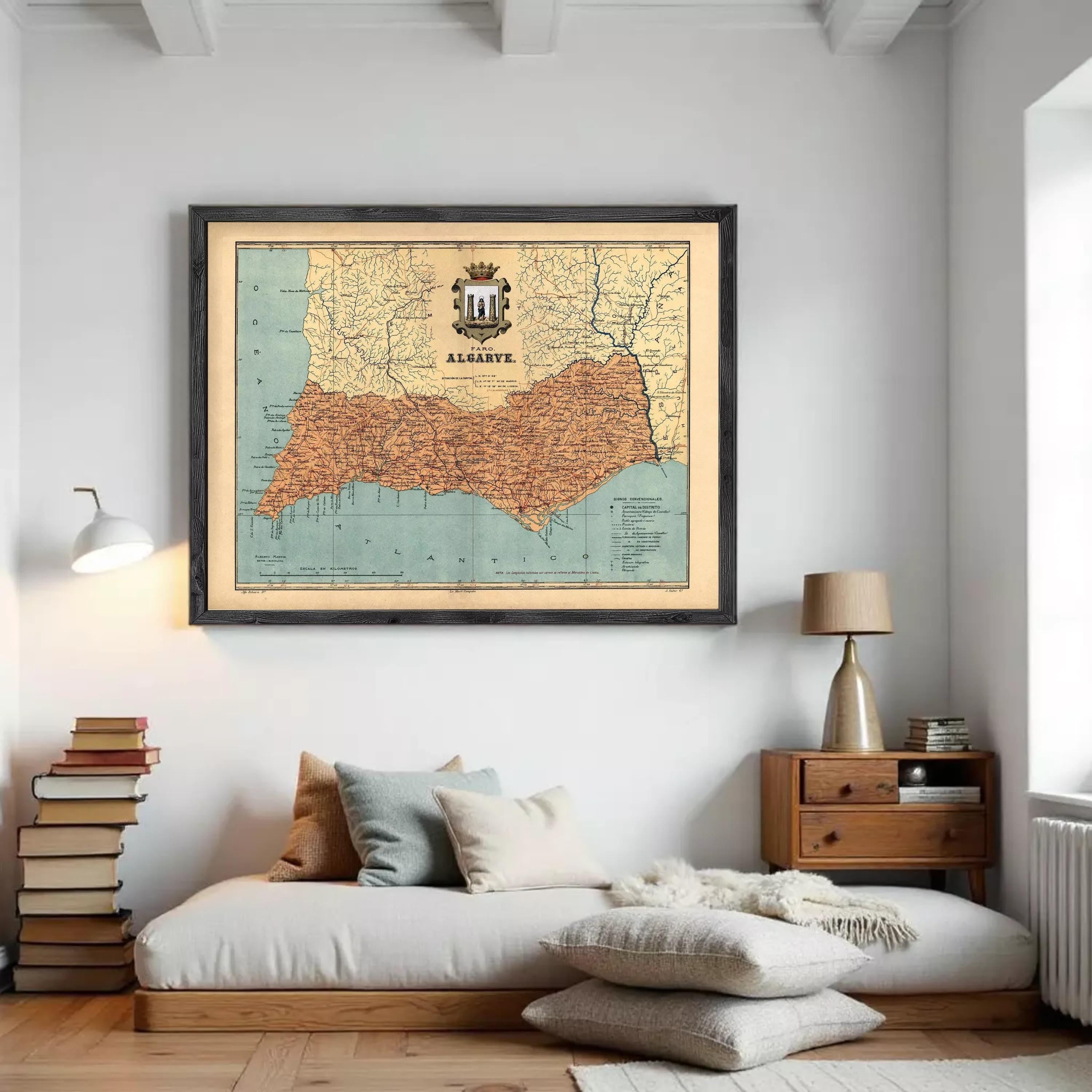 The image is a framed vintage map of Algarve, Portugal, depicting the region in a detailed and colorful manner.