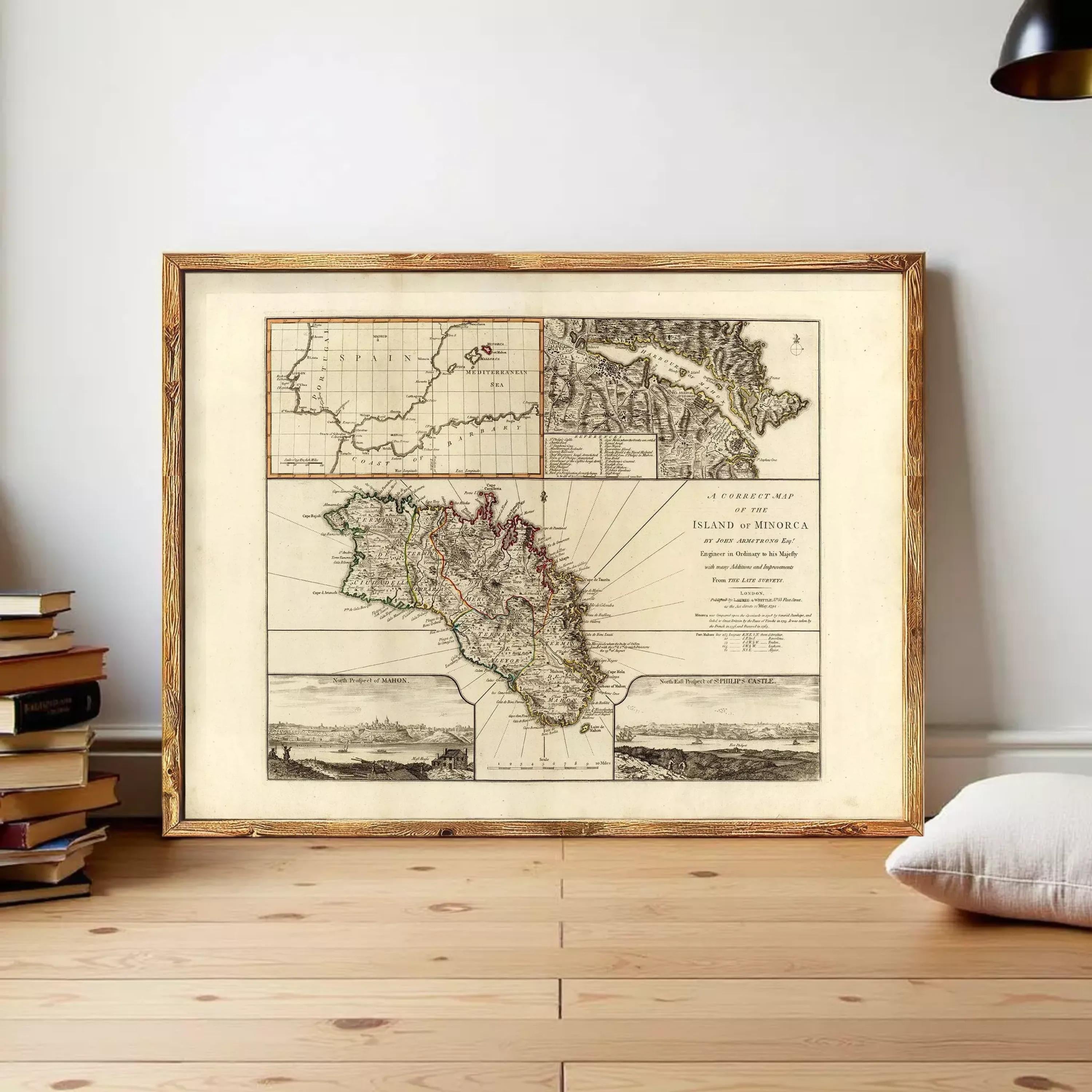The image is a framed vintage map of the island of Minos, Greece, depicting the island's geographical features and surrounding areas.