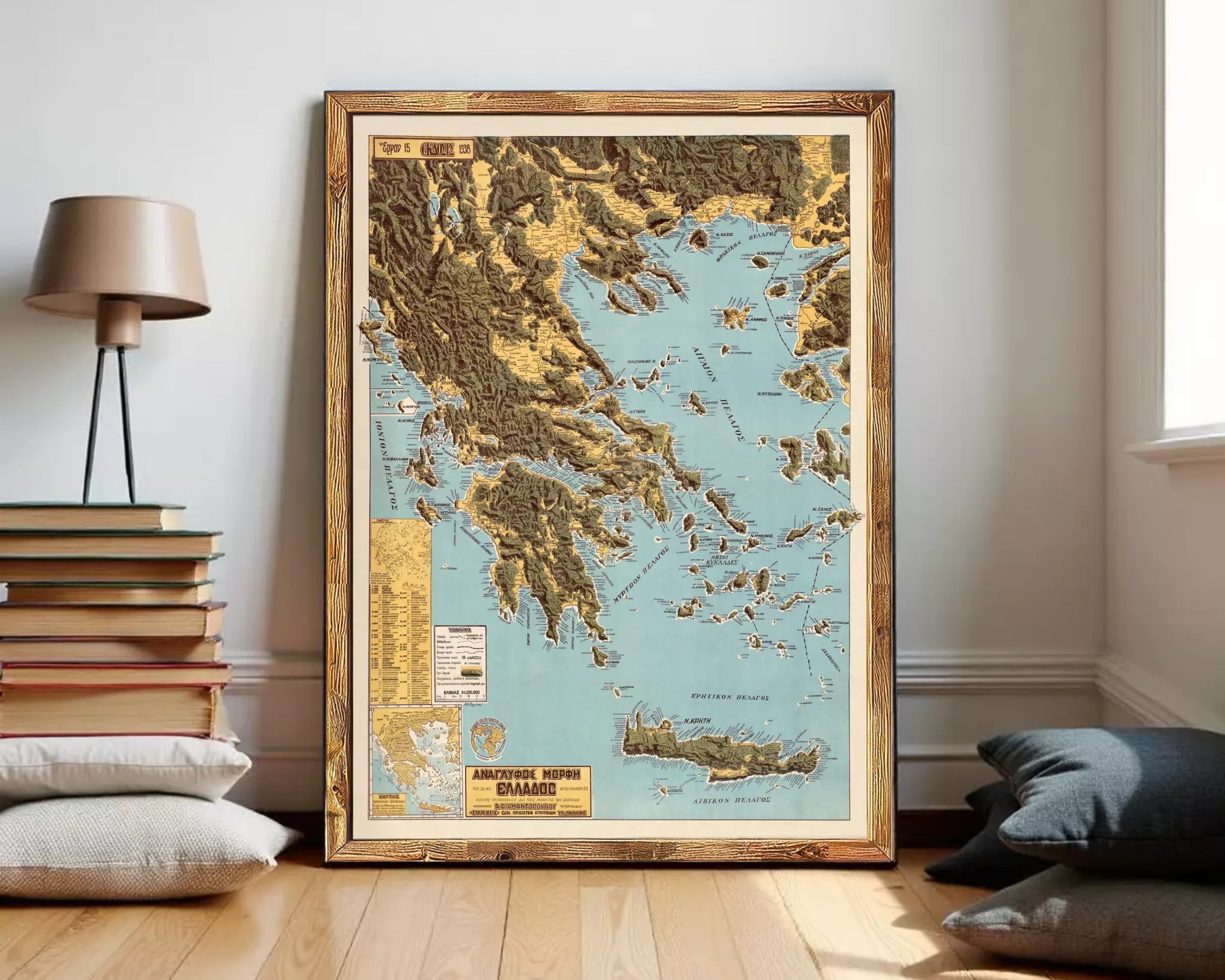 The image is a framed map of the Greek archipelago, which includes islands and coastal areas.