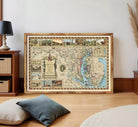 a large framed map of Maryland, with various illustrations and details depicting different locations and landmarks within the state.