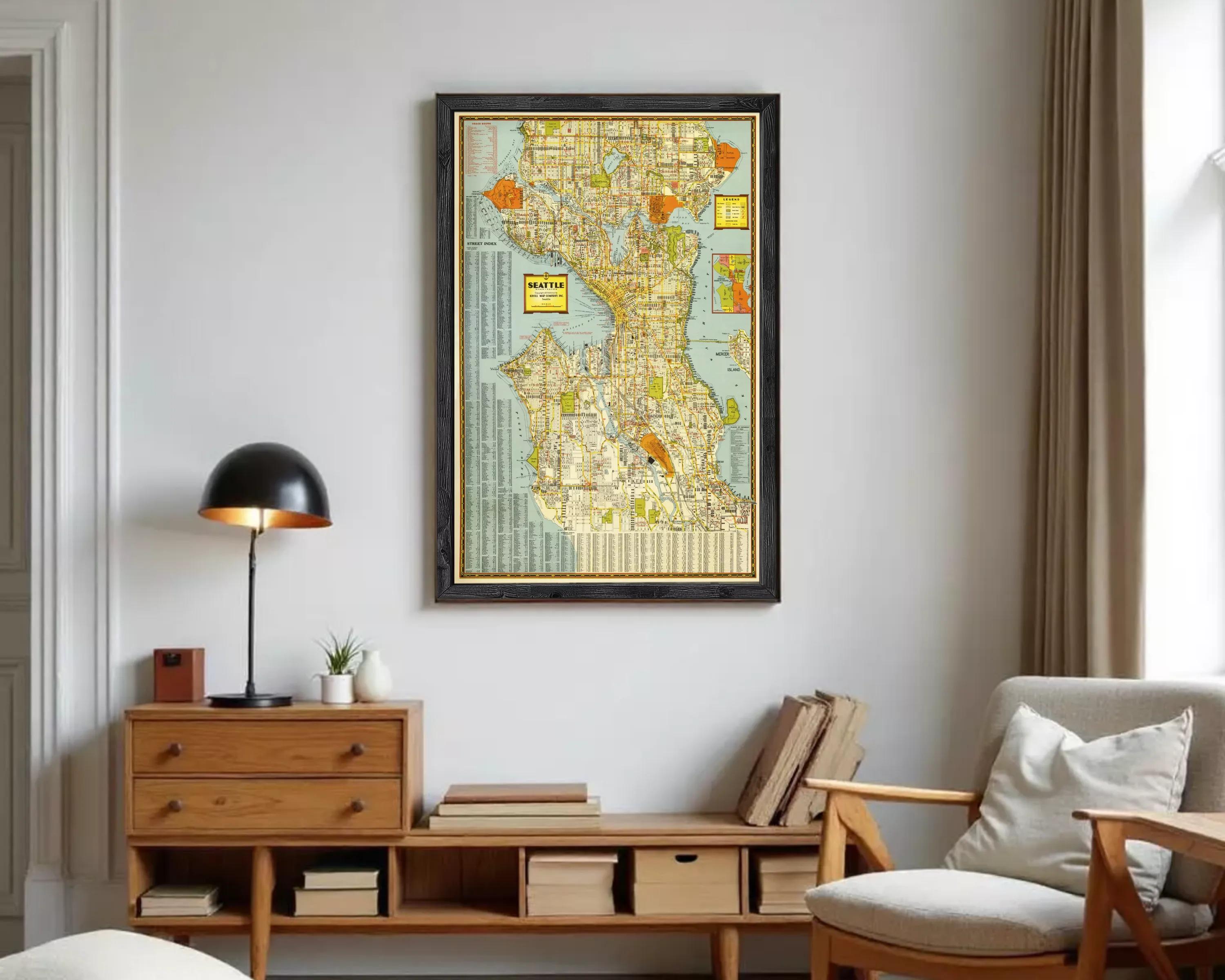 The image is a framed vintage map of Seattle, Washington, United States.