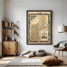 The image is a framed vintage map of New England, depicting the region in a detailed and colorful manner.