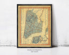 The image is a framed vintage map of New York City, depicting the city's streets and neighborhoods in a detailed and colorful manner.