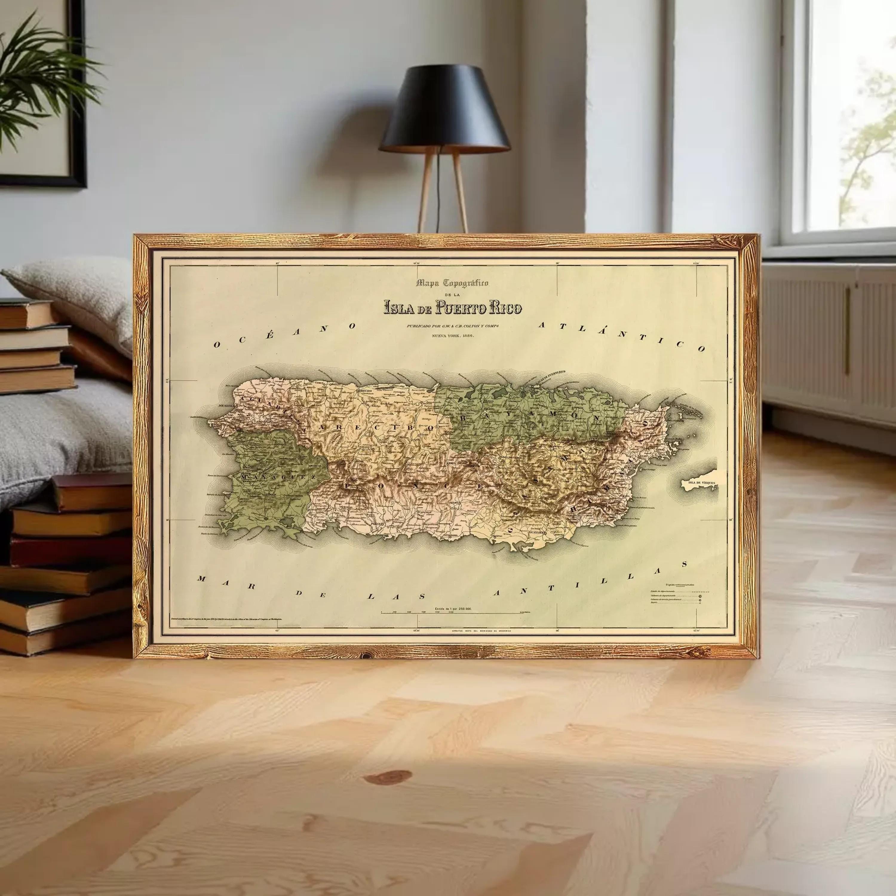 The image is a framed vintage map of Puerto Rico, depicting the island's geographical layout and surrounding areas.