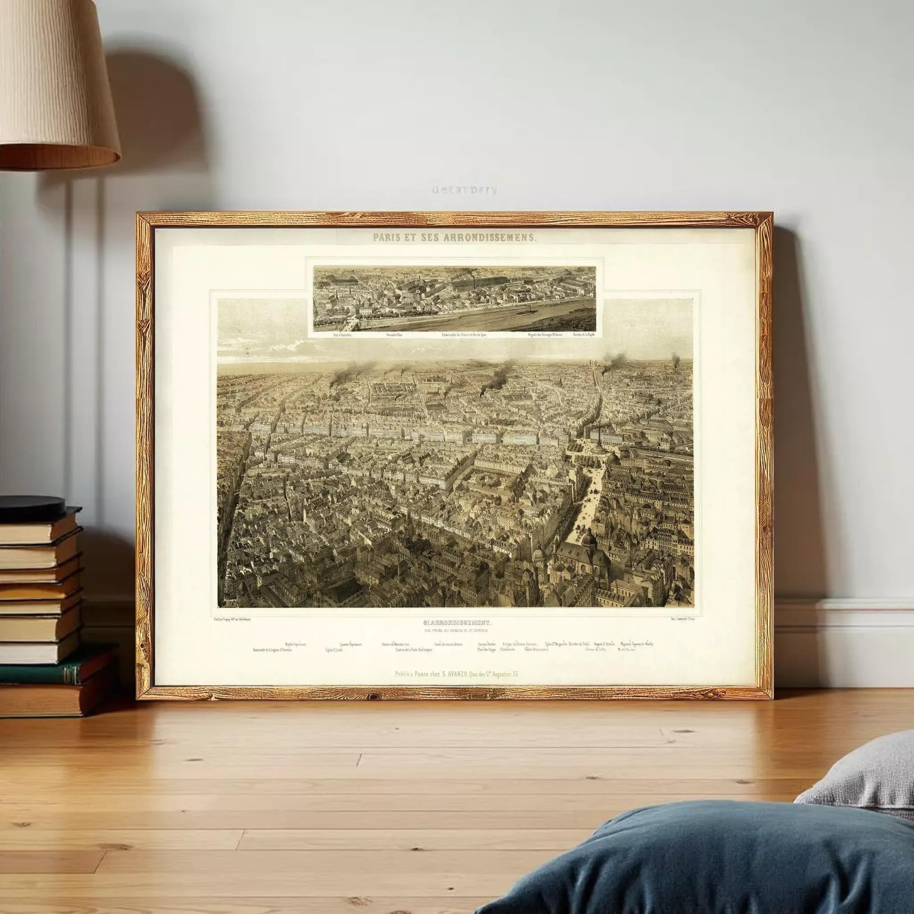 The image is a framed print of a historical aerial map of Paris, France, depicting the city's layout and surrounding areas.