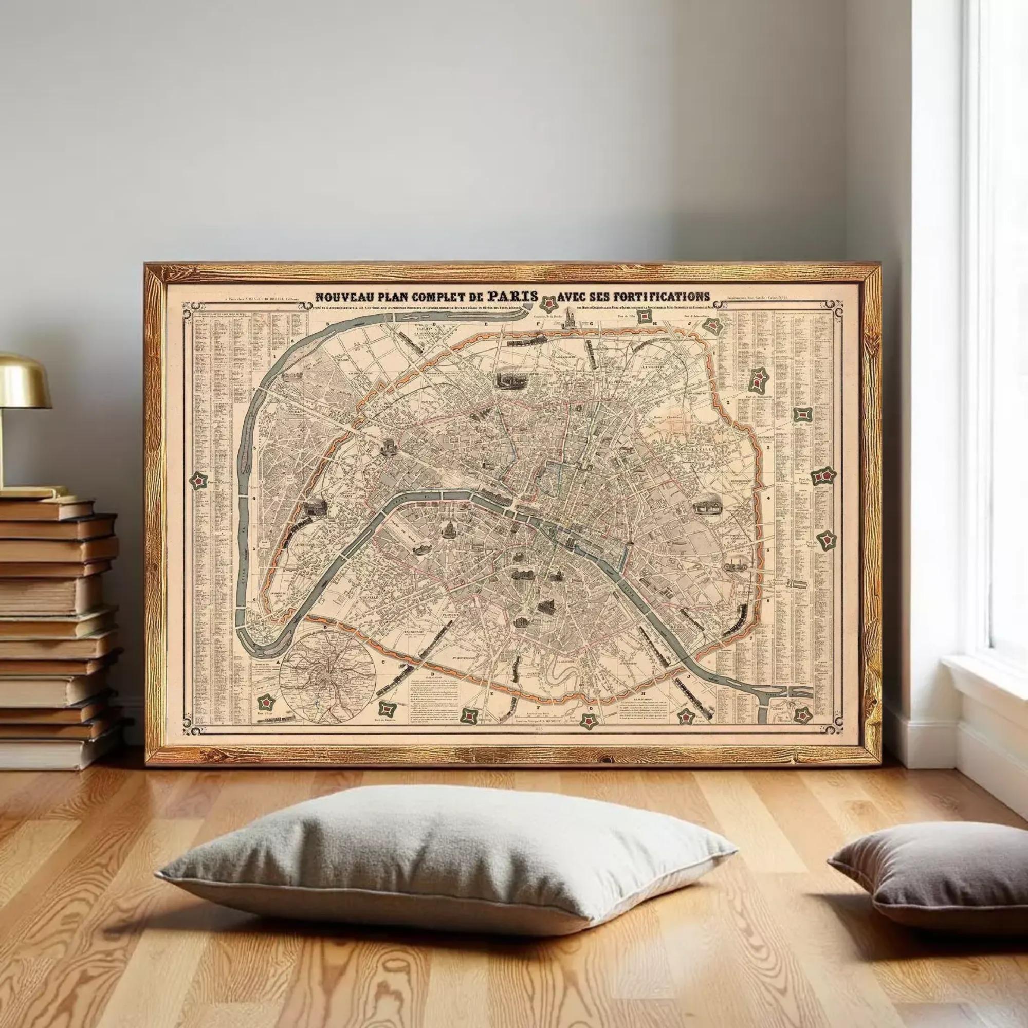 a large framed map of Paris, with a wooden floor and a stack of books in the background.