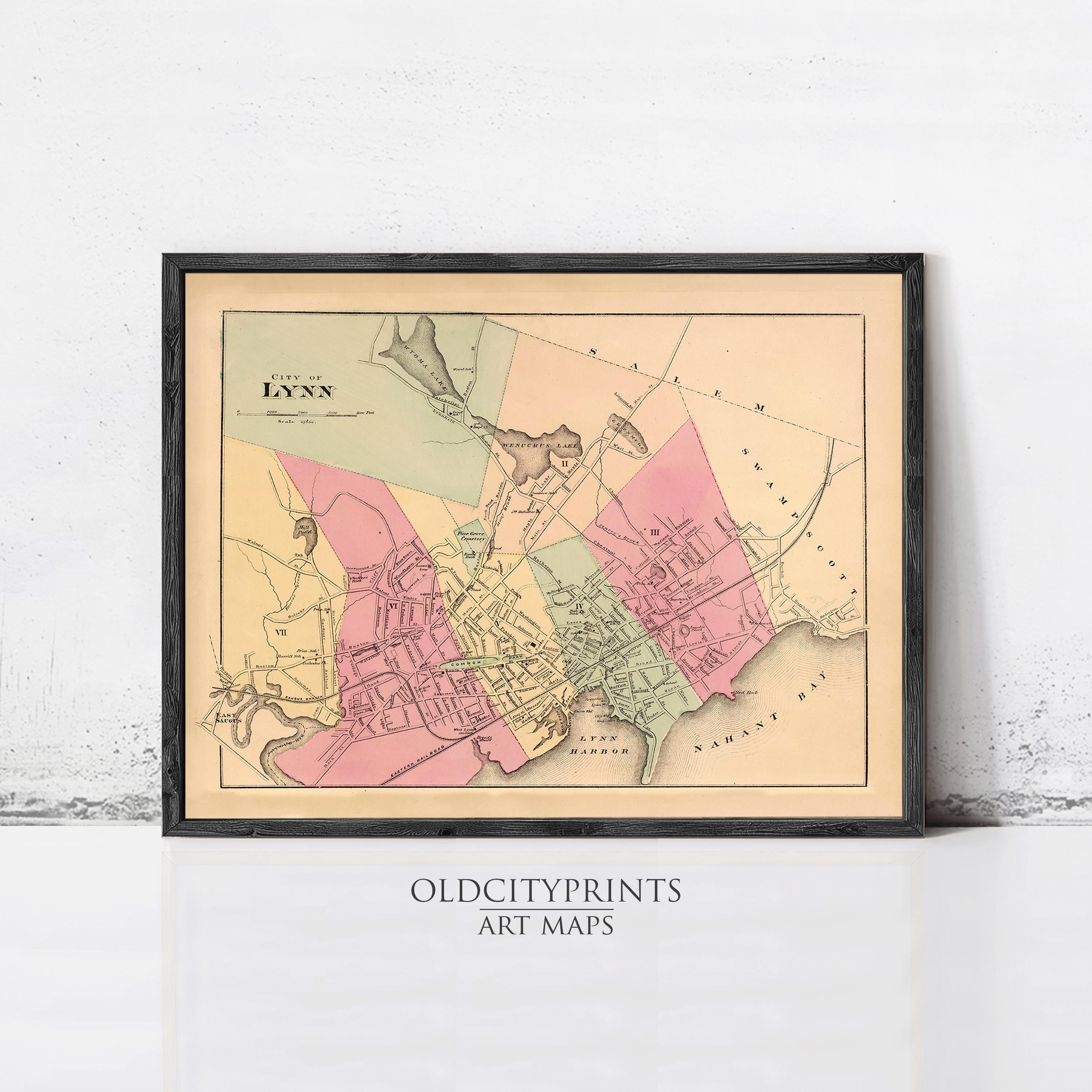 The image is a framed vintage map of Lynn, Massachusetts, depicting the town and surrounding areas in a detailed and colorful manner.