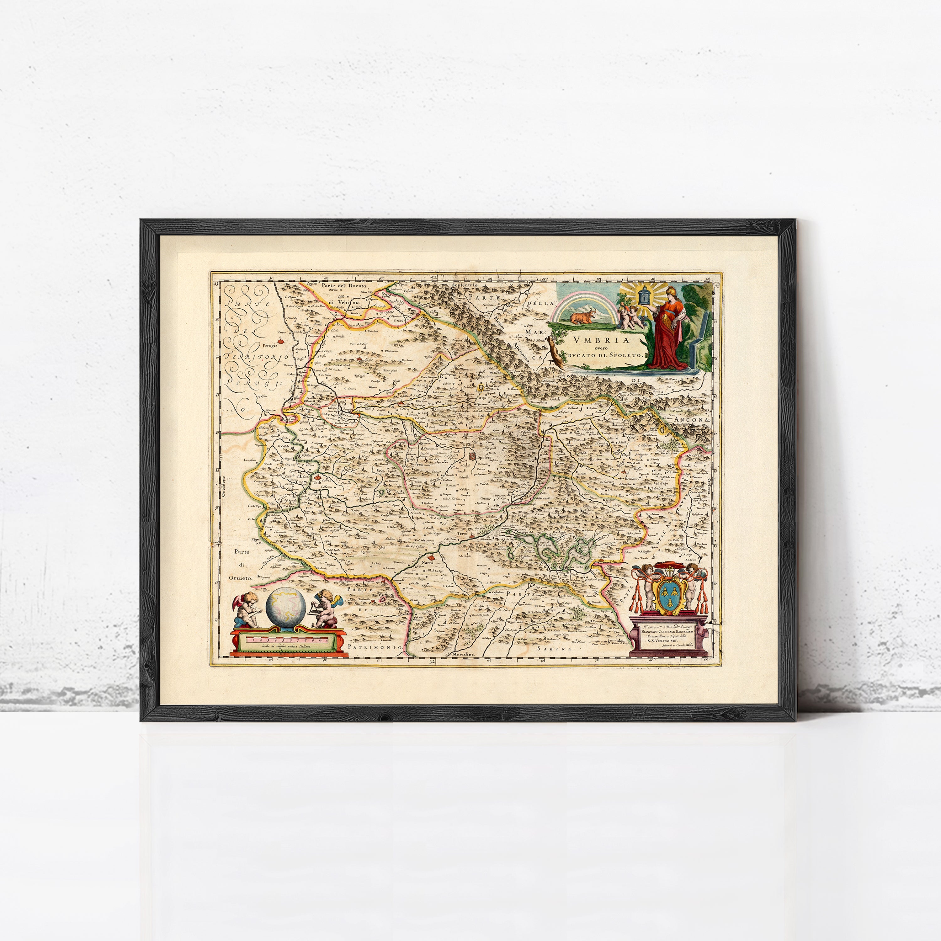 The image is a framed antique map of Europe, featuring intricate details and a vintage aesthetic.