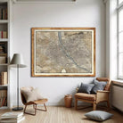 The image is a framed map of a city, likely Paris, with a detailed and intricate layout of streets, rivers, and other landmarks.